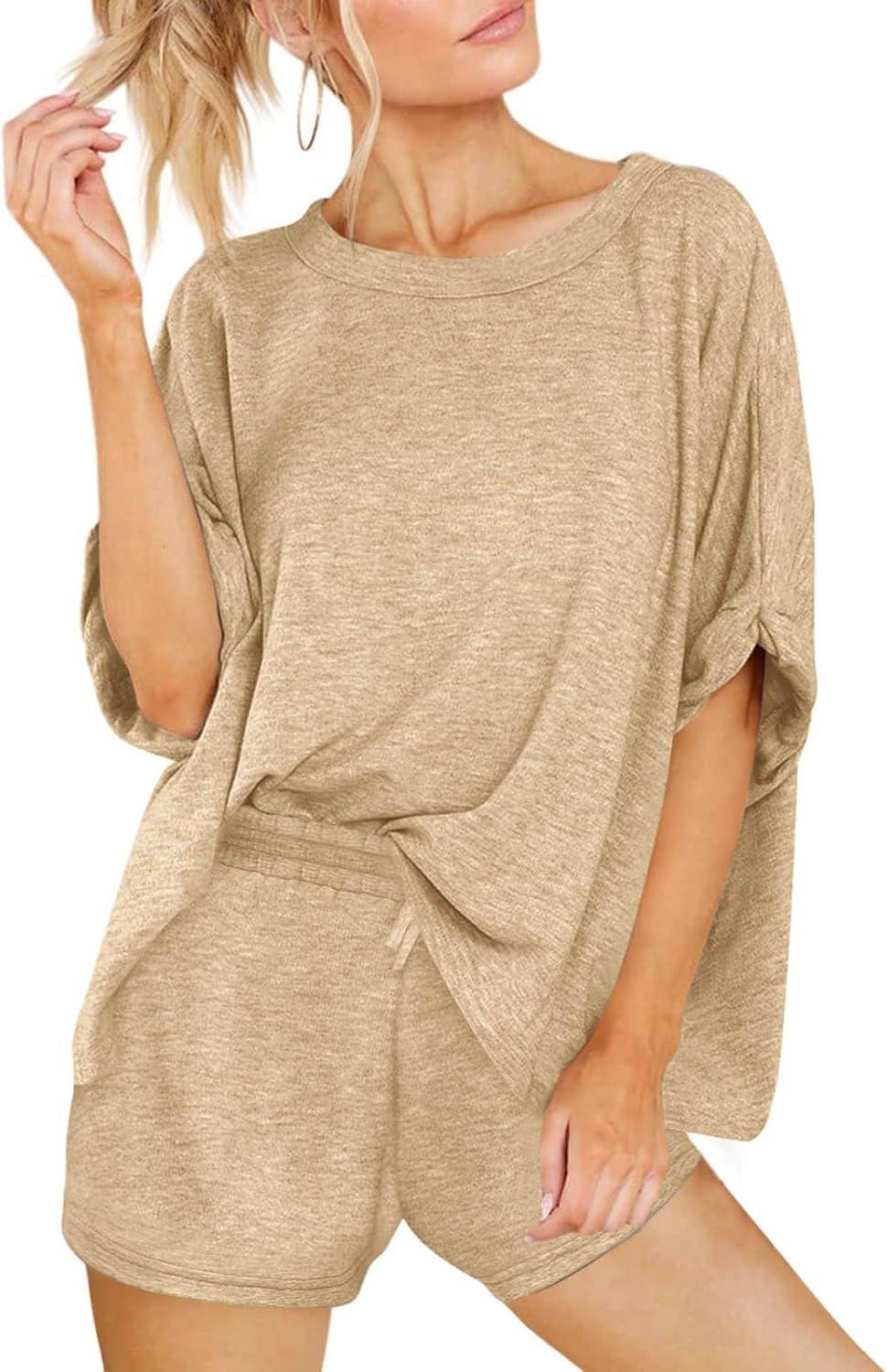 imageTankaneo Womens 2 Piece Lounge Sets Oversized Short Sleeve Tshirts Drawstring Shorts Pajamas Summer OutfitsKhaki