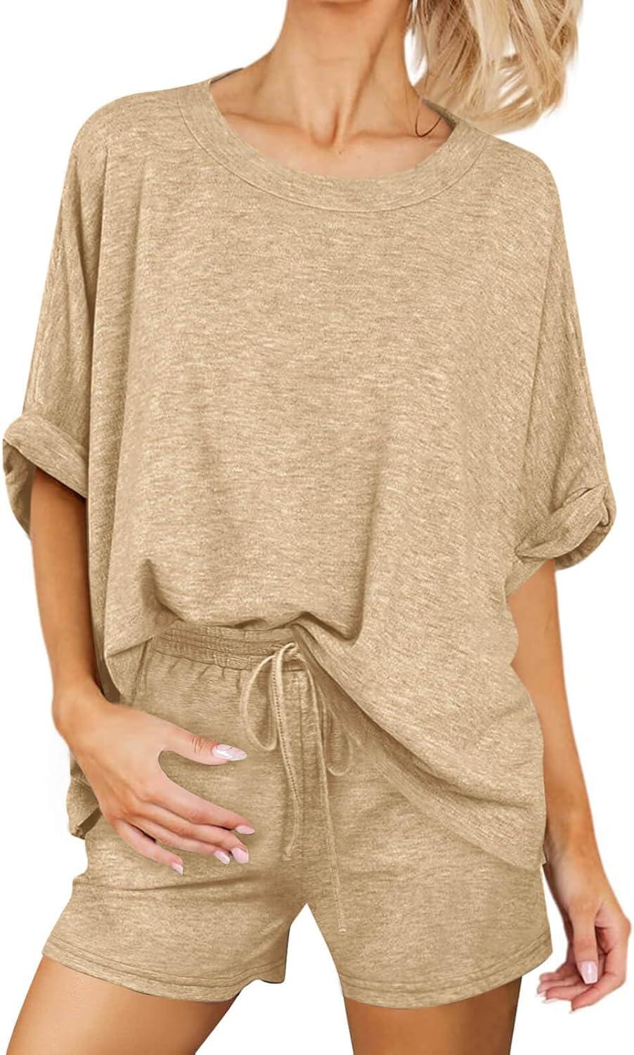 imageTankaneo Womens 2 Piece Lounge Sets Oversized Short Sleeve Tshirts Drawstring Shorts Pajamas Summer OutfitsKhaki