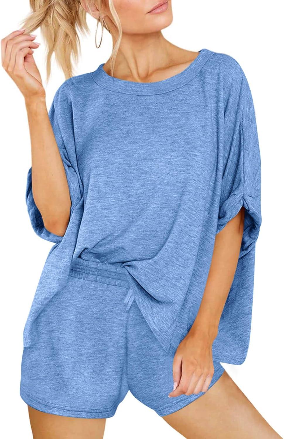 imageTankaneo Womens 2 Piece Lounge Sets Oversized Short Sleeve Tshirts Drawstring Shorts Pajamas Summer OutfitsLake Blue
