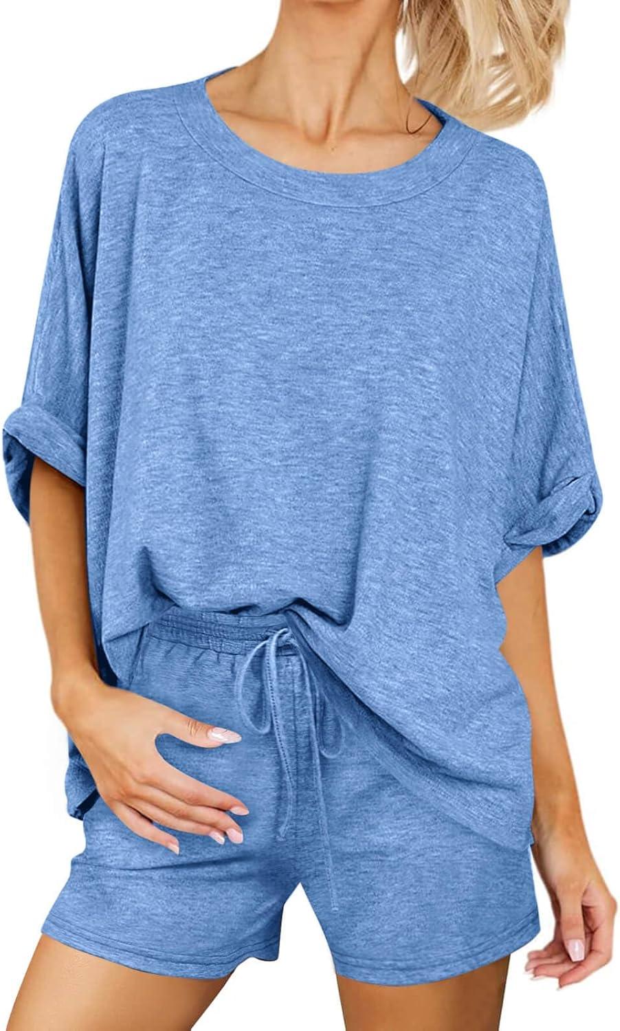 imageTankaneo Womens 2 Piece Lounge Sets Oversized Short Sleeve Tshirts Drawstring Shorts Pajamas Summer OutfitsLake Blue