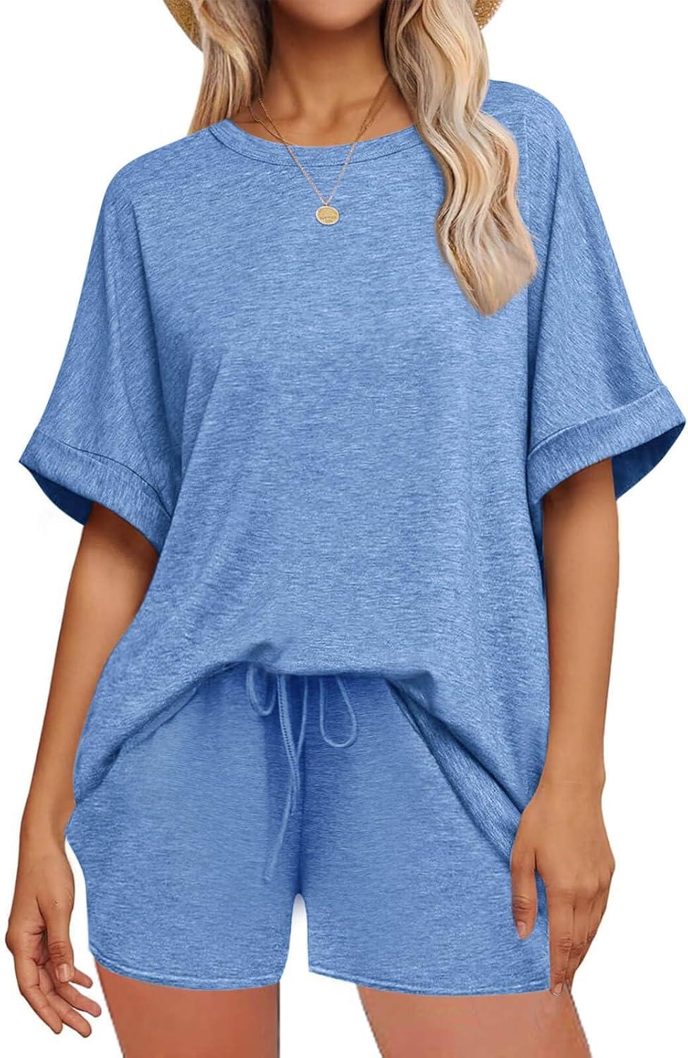imageTankaneo Womens 2 Piece Lounge Sets Oversized Short Sleeve Tshirts Drawstring Shorts Pajamas Summer OutfitsLake Blue