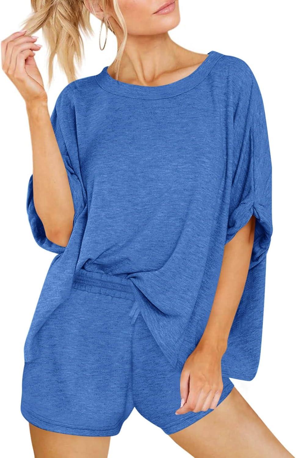 imageTankaneo Womens 2 Piece Lounge Sets Oversized Short Sleeve Tshirts Drawstring Shorts Pajamas Summer OutfitsRoyal Blue