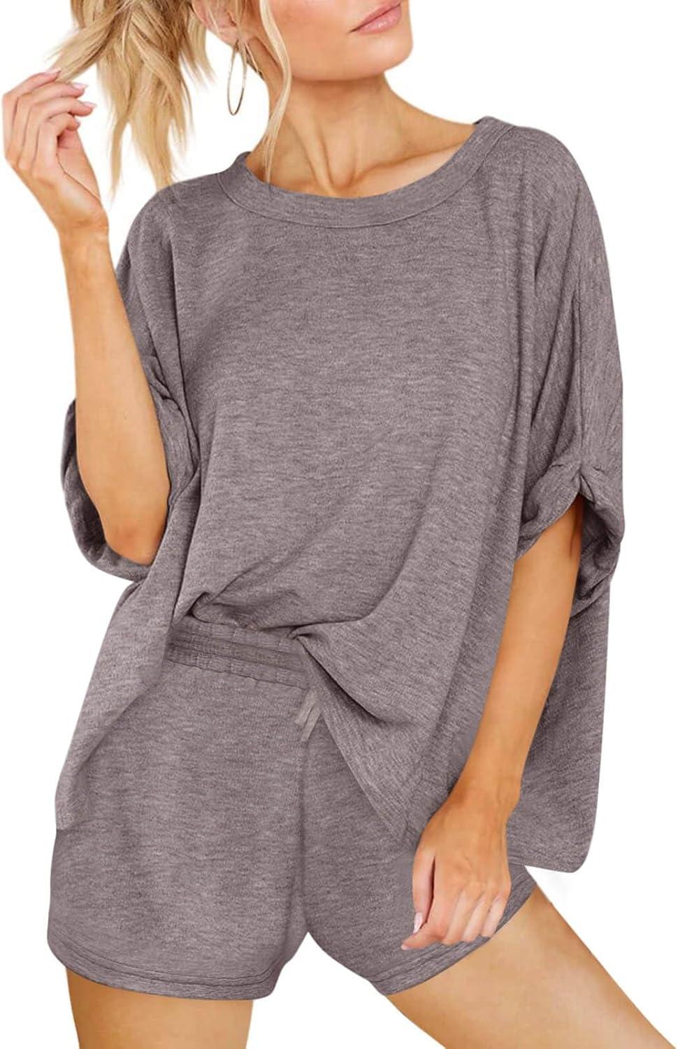imageTankaneo Womens 2 Piece Lounge Sets Oversized Short Sleeve Tshirts Drawstring Shorts Pajamas Summer OutfitsTaupe