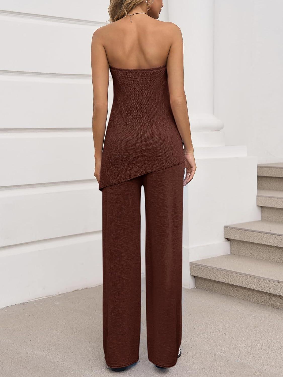 imageTankaneo Womens 2 Piece Outfits Asymmetrical Tube Top Wide Leg Pants Knit Vacation Travel 2025 Matching Lounge SetsCoffee