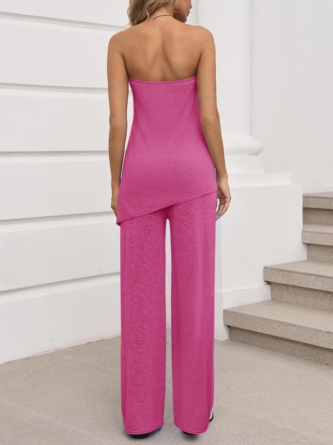 imageTankaneo Womens 2 Piece Outfits Asymmetrical Tube Top Wide Leg Pants Knit Vacation Travel 2025 Matching Lounge SetsHot Pink
