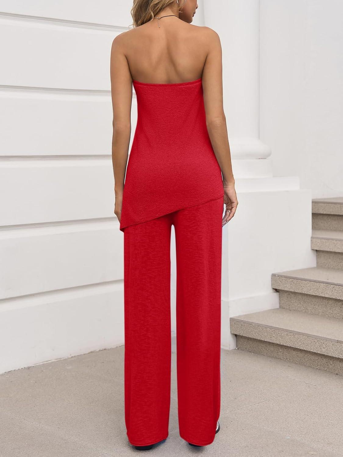 imageTankaneo Womens 2 Piece Outfits Asymmetrical Tube Top Wide Leg Pants Knit Vacation Travel 2025 Matching Lounge SetsRed