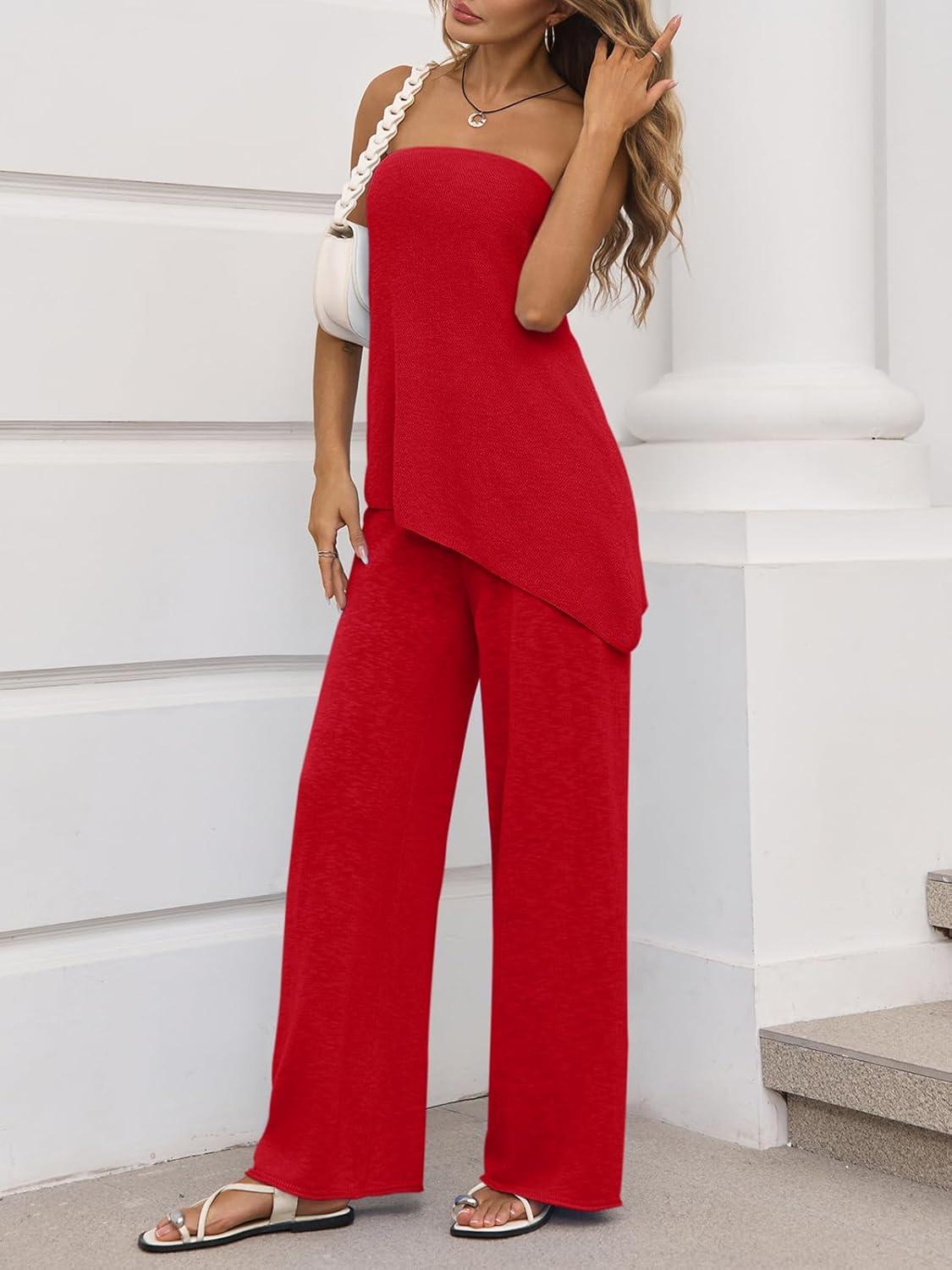 imageTankaneo Womens 2 Piece Outfits Asymmetrical Tube Top Wide Leg Pants Knit Vacation Travel 2025 Matching Lounge SetsRed
