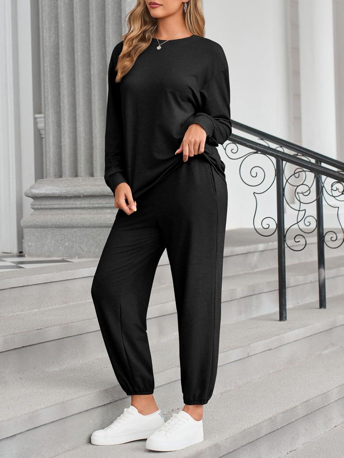 imageTankaneo Womens 2 Piece Outfits Lounge Sets Casual Long Sleeve Crewneck Pullover Sweatshirt Jogger Sweatpants Tracksuit SetBlack