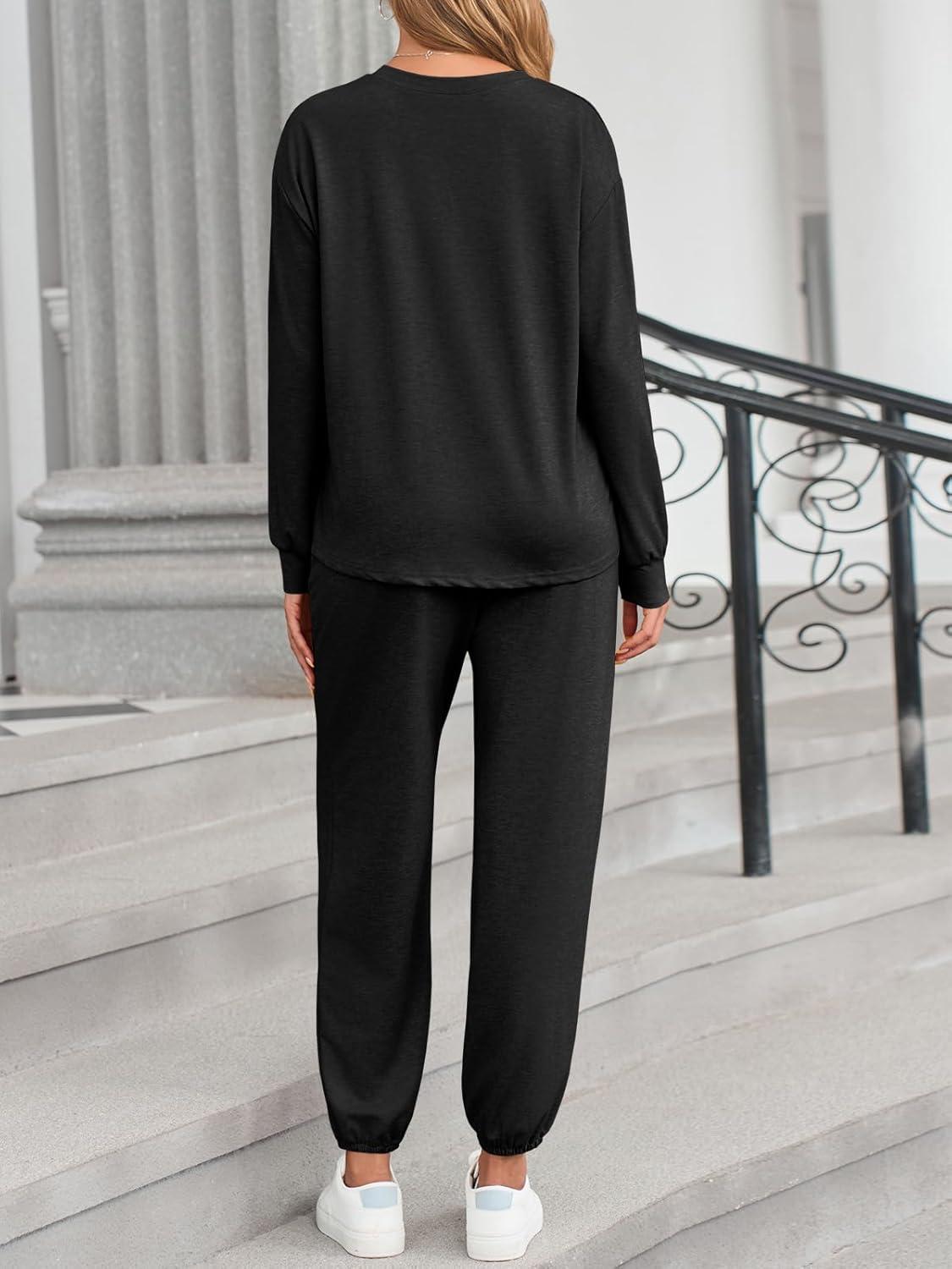 imageTankaneo Womens 2 Piece Outfits Lounge Sets Casual Long Sleeve Crewneck Pullover Sweatshirt Jogger Sweatpants Tracksuit SetBlack