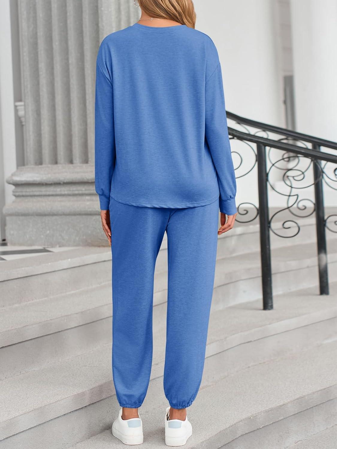 imageTankaneo Womens 2 Piece Outfits Lounge Sets Casual Long Sleeve Crewneck Pullover Sweatshirt Jogger Sweatpants Tracksuit SetBlue