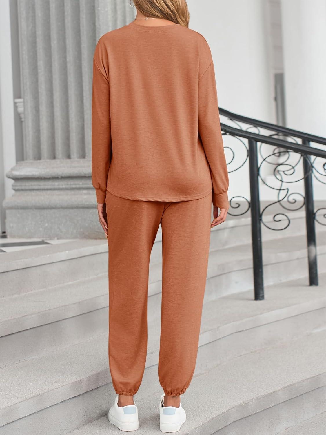 imageTankaneo Womens 2 Piece Outfits Lounge Sets Casual Long Sleeve Crewneck Pullover Sweatshirt Jogger Sweatpants Tracksuit SetBrown