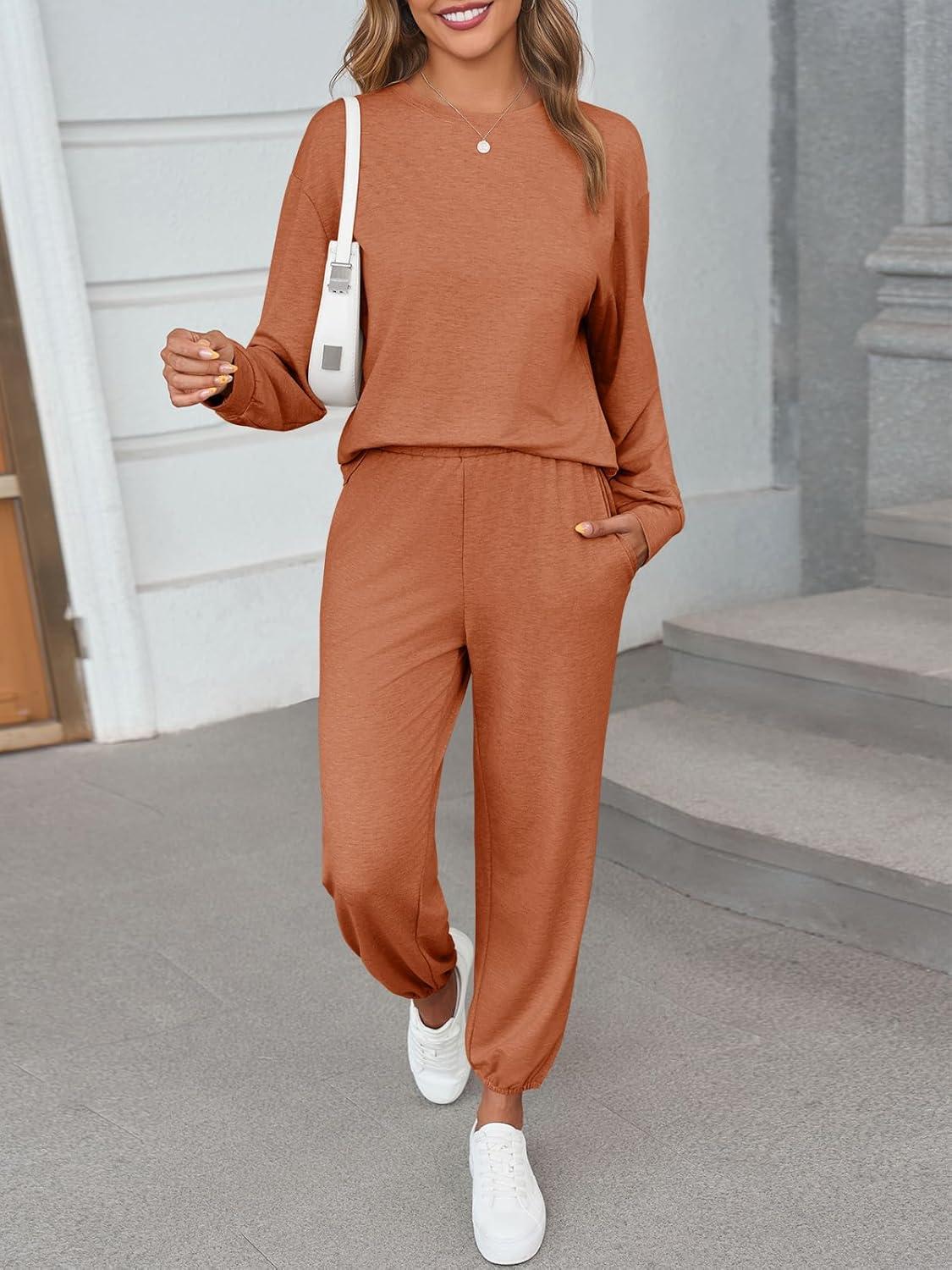 imageTankaneo Womens 2 Piece Outfits Lounge Sets Casual Long Sleeve Crewneck Pullover Sweatshirt Jogger Sweatpants Tracksuit SetBrown