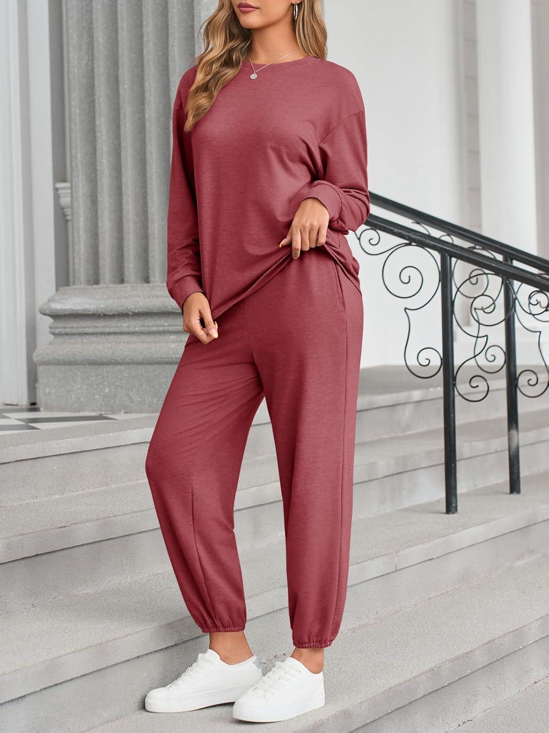 imageTankaneo Womens 2 Piece Outfits Lounge Sets Casual Long Sleeve Crewneck Pullover Sweatshirt Jogger Sweatpants Tracksuit SetBurgundy