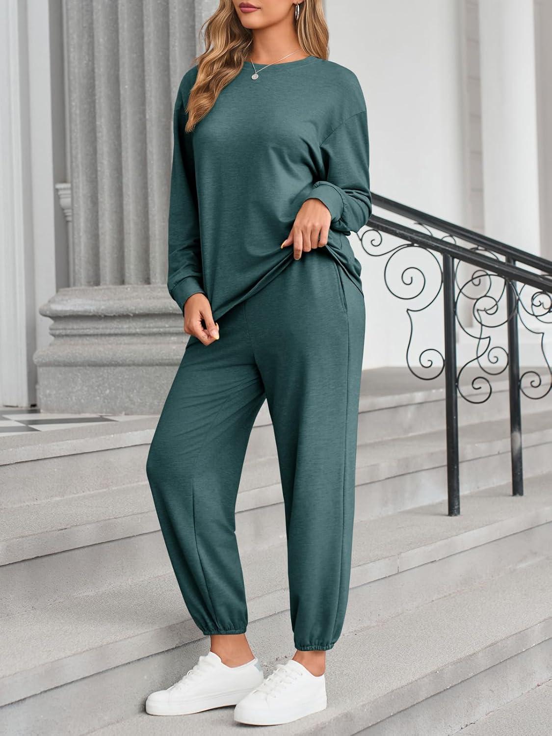 imageTankaneo Womens 2 Piece Outfits Lounge Sets Casual Long Sleeve Crewneck Pullover Sweatshirt Jogger Sweatpants Tracksuit SetDark Green