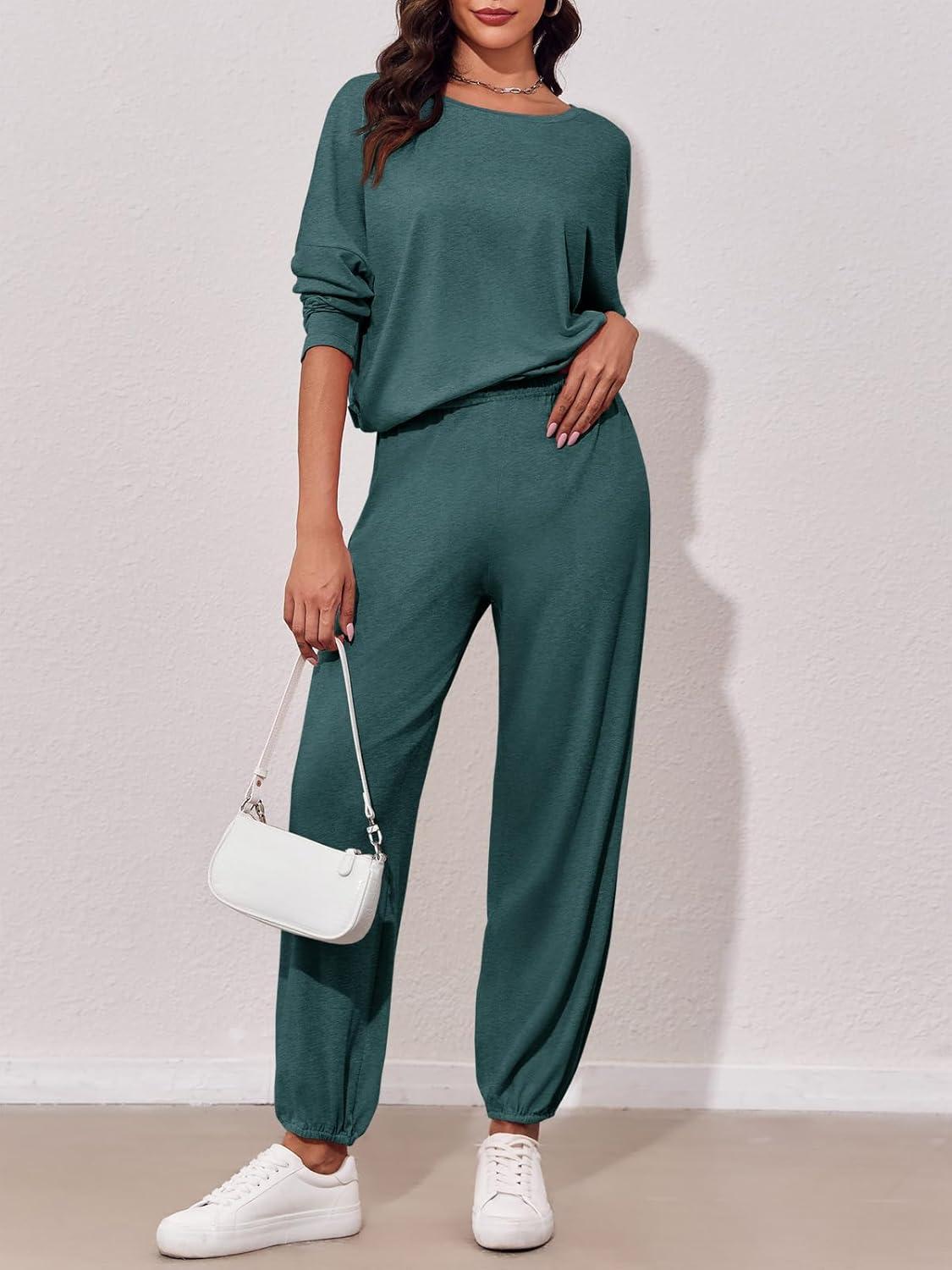 imageTankaneo Womens 2 Piece Outfits Lounge Sets Casual Long Sleeve Crewneck Pullover Sweatshirt Jogger Sweatpants Tracksuit SetDark Green