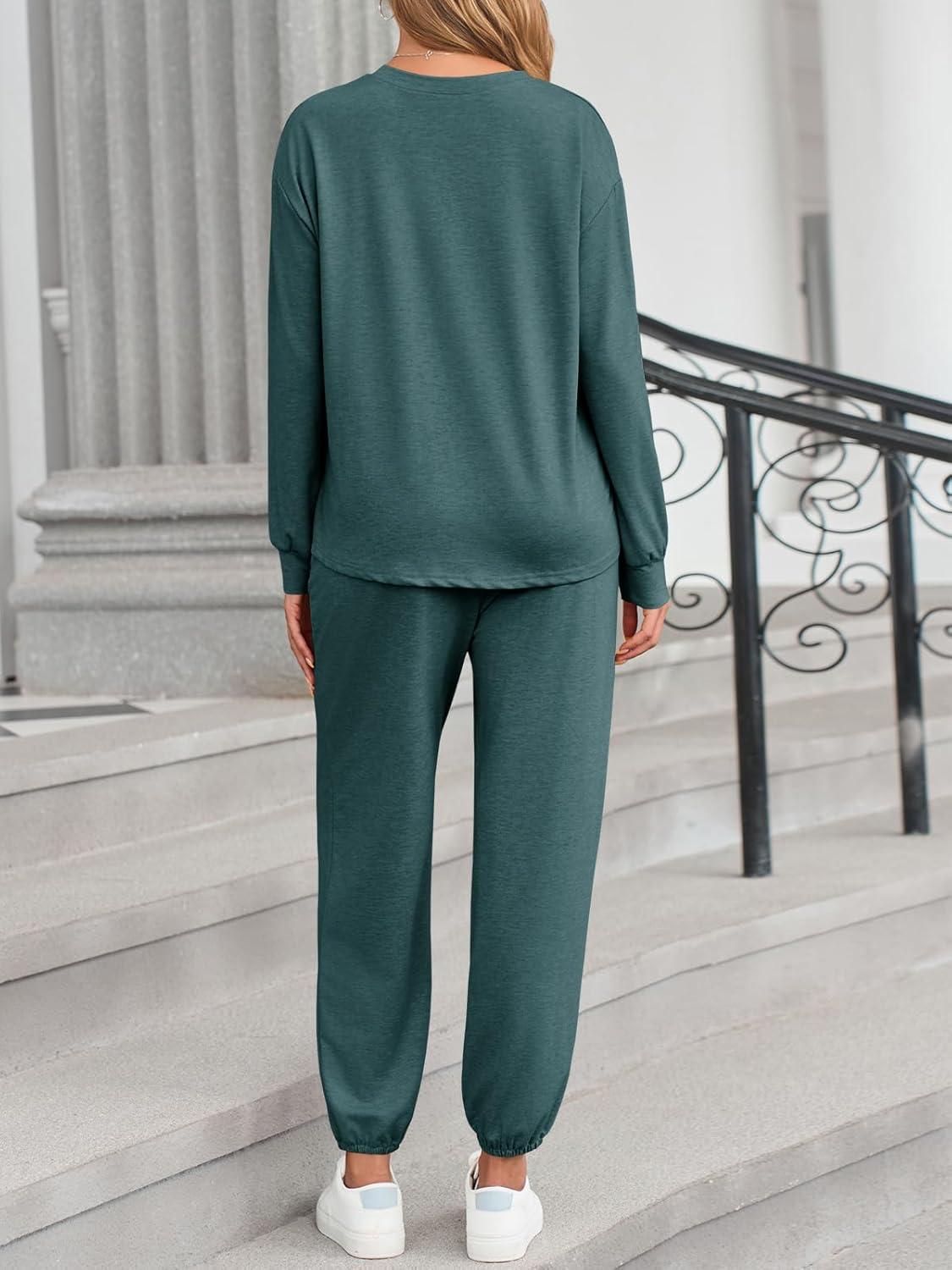 imageTankaneo Womens 2 Piece Outfits Lounge Sets Casual Long Sleeve Crewneck Pullover Sweatshirt Jogger Sweatpants Tracksuit SetDark Green