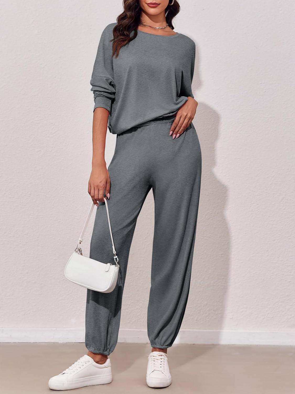 imageTankaneo Womens 2 Piece Outfits Lounge Sets Casual Long Sleeve Crewneck Pullover Sweatshirt Jogger Sweatpants Tracksuit SetGrey