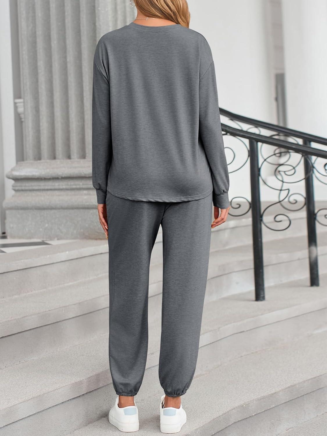 imageTankaneo Womens 2 Piece Outfits Lounge Sets Casual Long Sleeve Crewneck Pullover Sweatshirt Jogger Sweatpants Tracksuit SetGrey