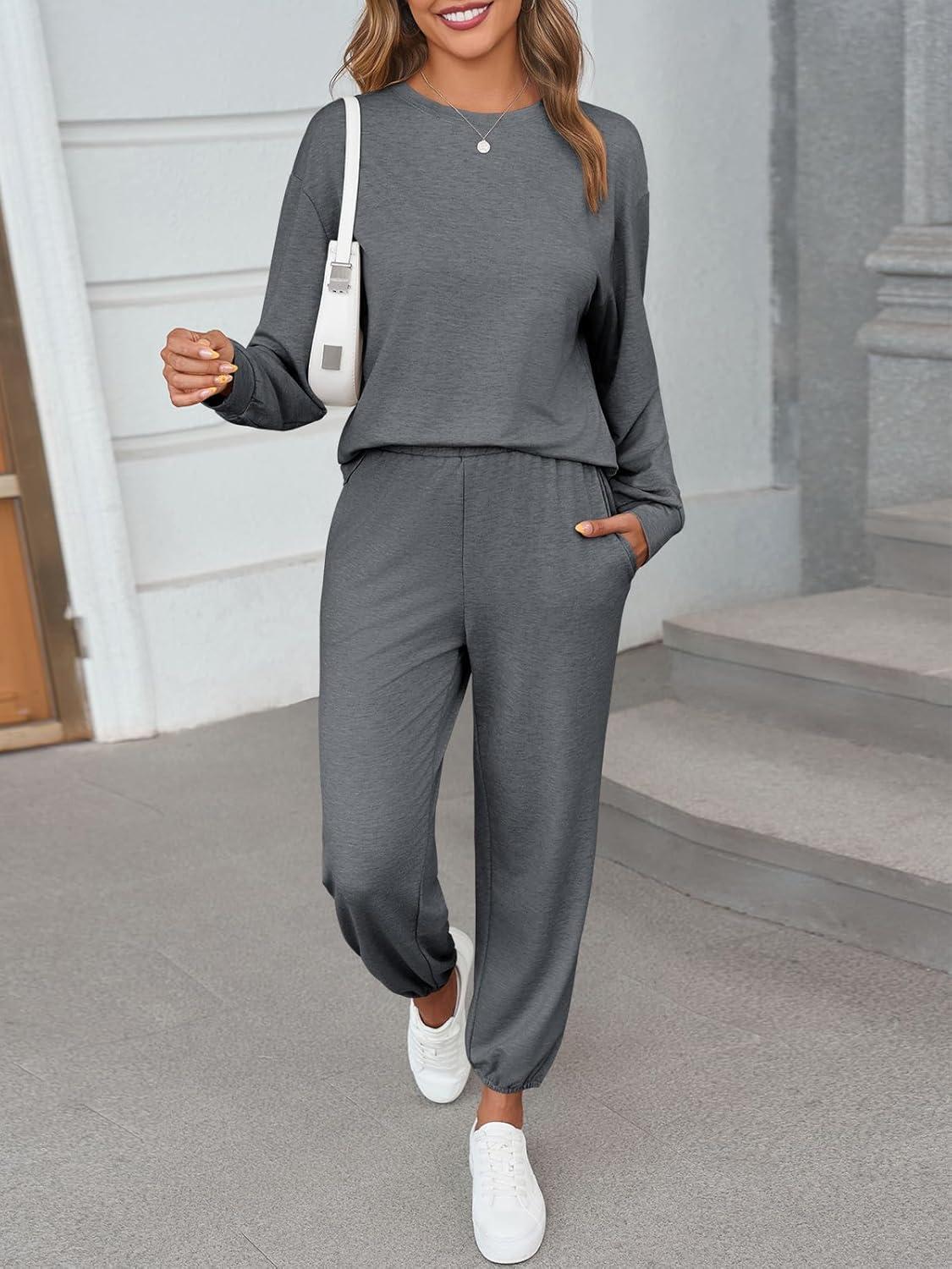 imageTankaneo Womens 2 Piece Outfits Lounge Sets Casual Long Sleeve Crewneck Pullover Sweatshirt Jogger Sweatpants Tracksuit SetGrey