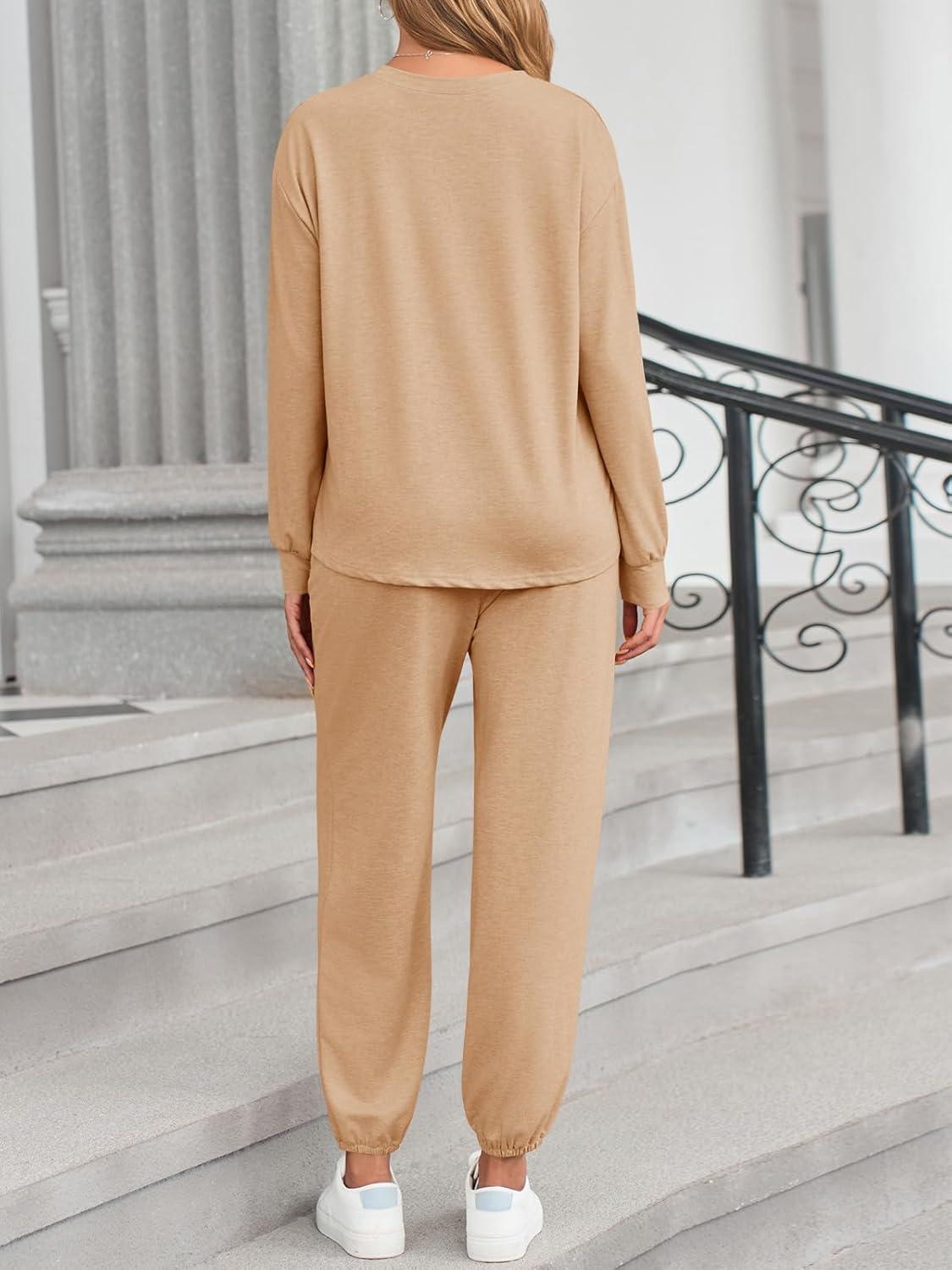 imageTankaneo Womens 2 Piece Outfits Lounge Sets Casual Long Sleeve Crewneck Pullover Sweatshirt Jogger Sweatpants Tracksuit SetKhaki