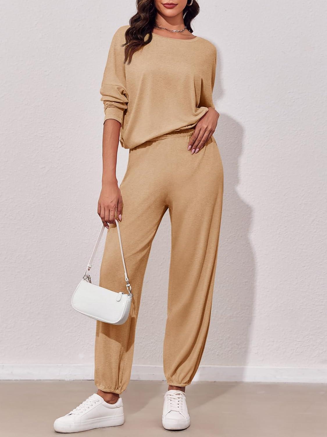 imageTankaneo Womens 2 Piece Outfits Lounge Sets Casual Long Sleeve Crewneck Pullover Sweatshirt Jogger Sweatpants Tracksuit SetKhaki