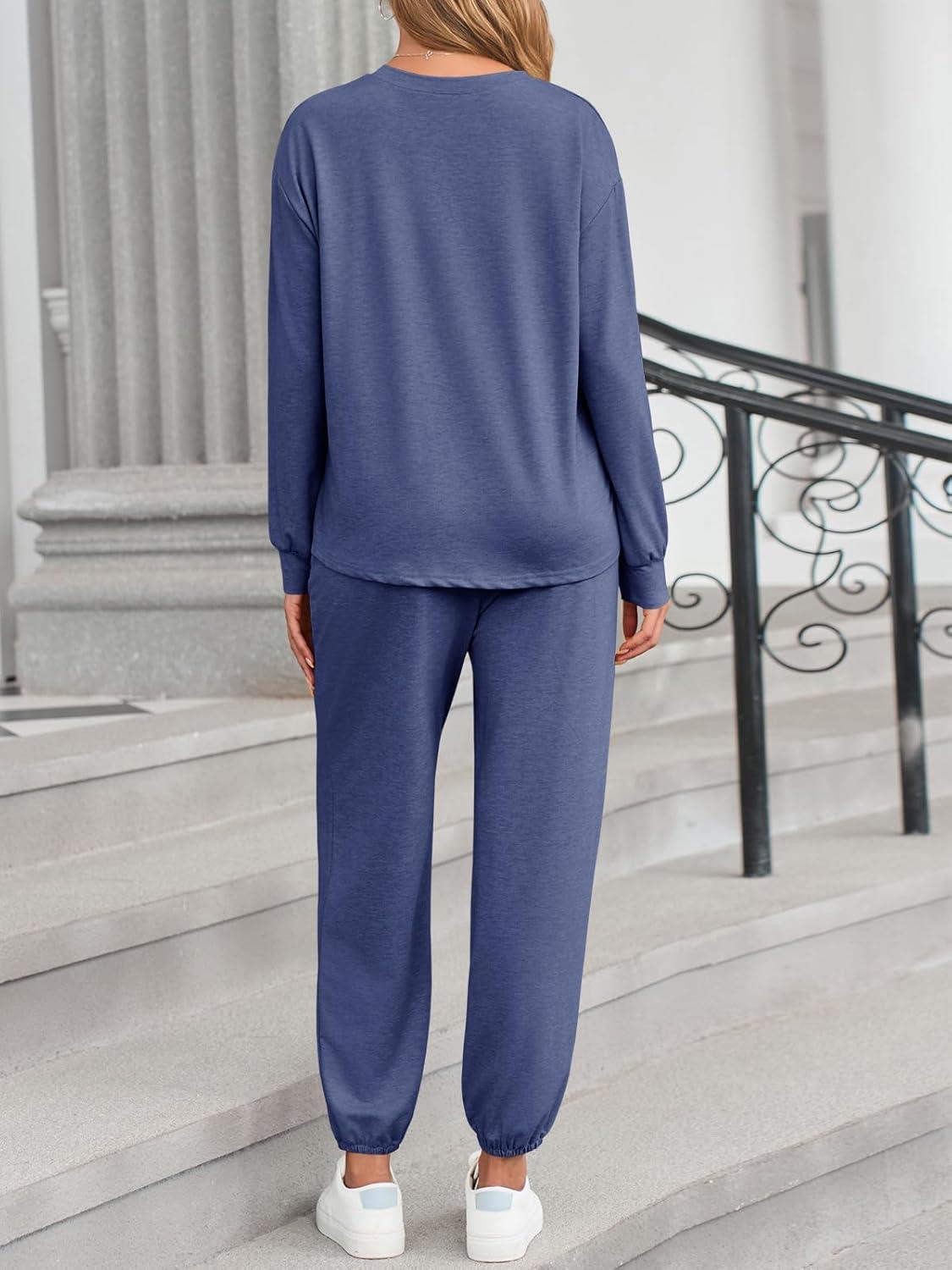 imageTankaneo Womens 2 Piece Outfits Lounge Sets Casual Long Sleeve Crewneck Pullover Sweatshirt Jogger Sweatpants Tracksuit SetNavy