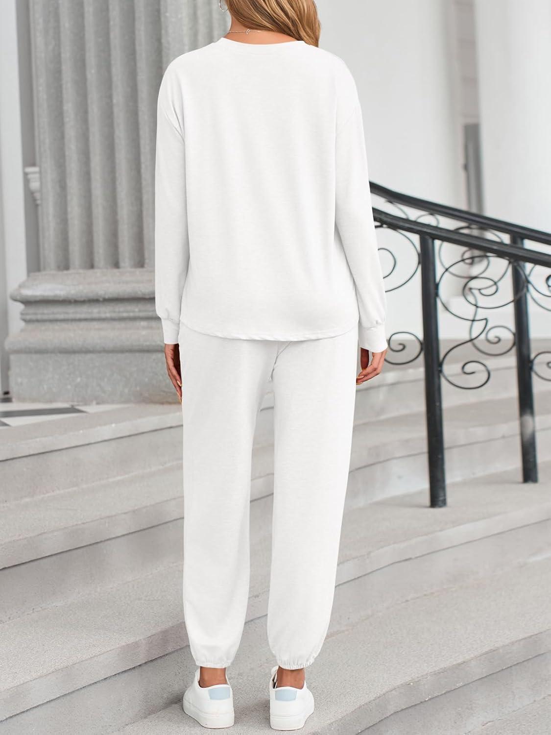 imageTankaneo Womens 2 Piece Outfits Lounge Sets Casual Long Sleeve Crewneck Pullover Sweatshirt Jogger Sweatpants Tracksuit SetWhite