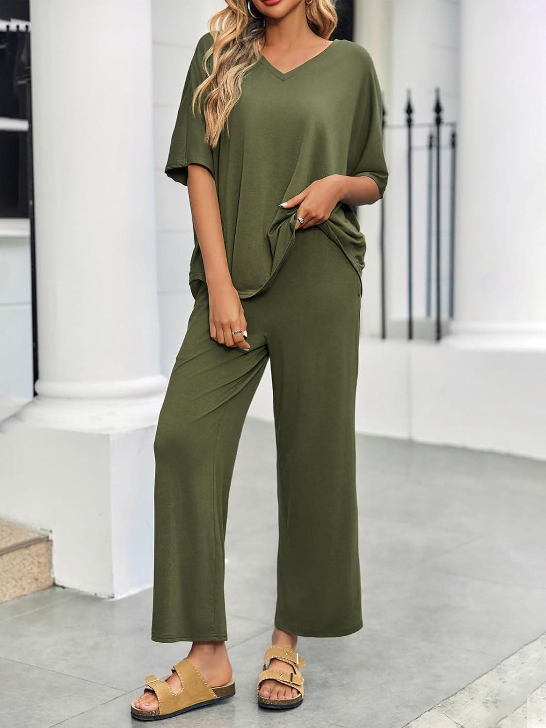 imageTankaneo Womens 2 Piece Outfits Lounge Sets Oversized Short Sleeve V Neck Tshirts Wide Leg Cropped Pants Matching SetArmygreen