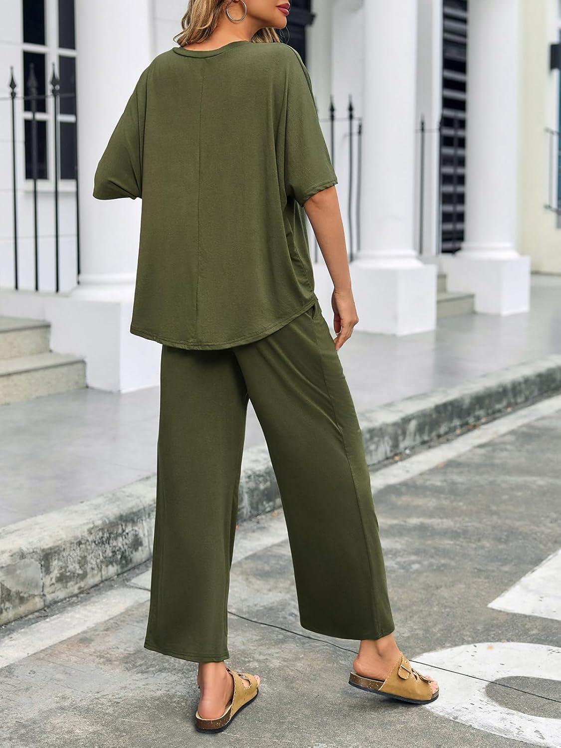 imageTankaneo Womens 2 Piece Outfits Lounge Sets Oversized Short Sleeve V Neck Tshirts Wide Leg Cropped Pants Matching SetArmygreen