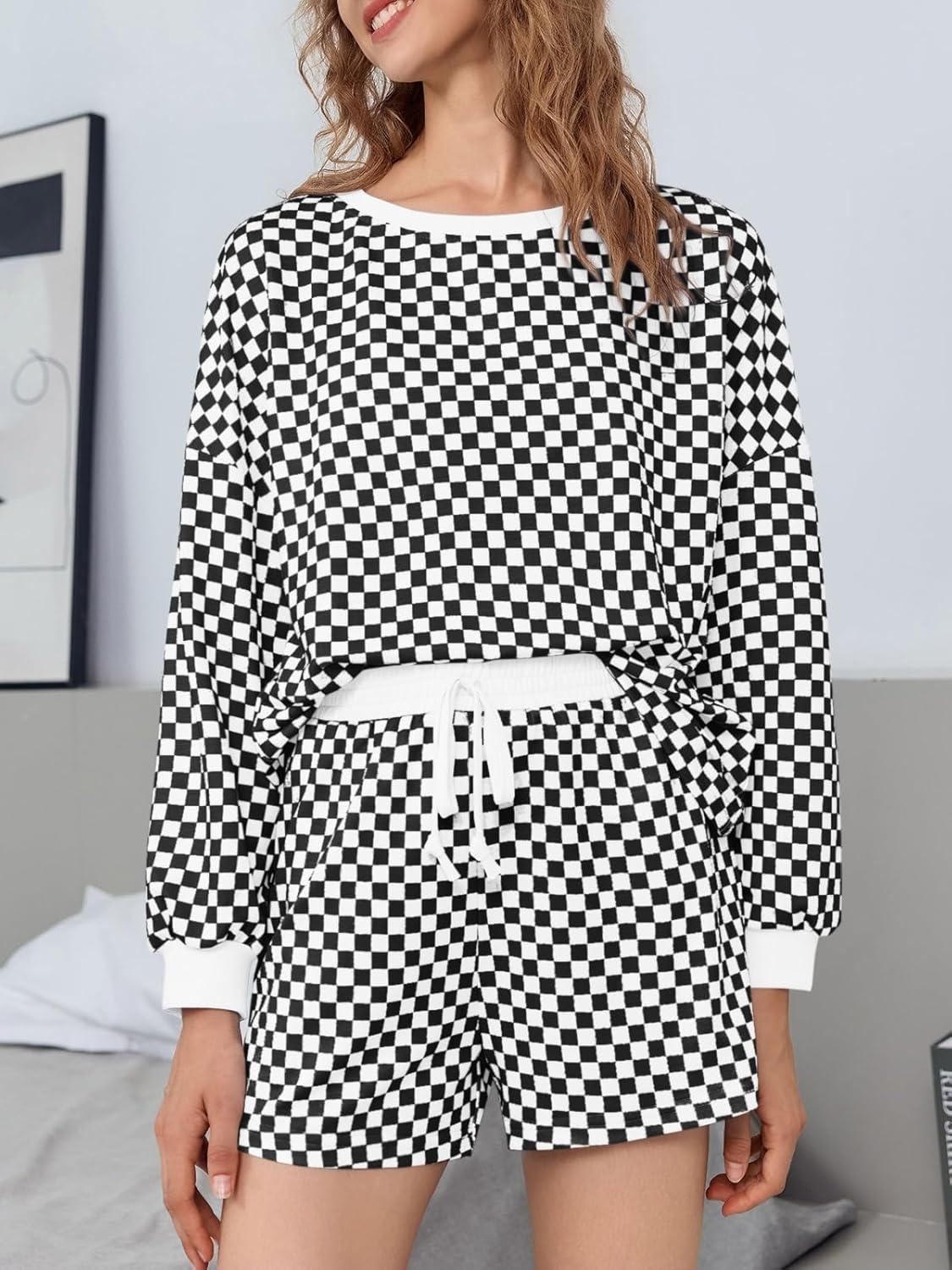 imageTankaneo Womens 2 Piece Outfits Oversized Long Sleeve Checkered Plaid Tops Elastic Waist Shorts 2025 Pajama Sets LoungewearBlack
