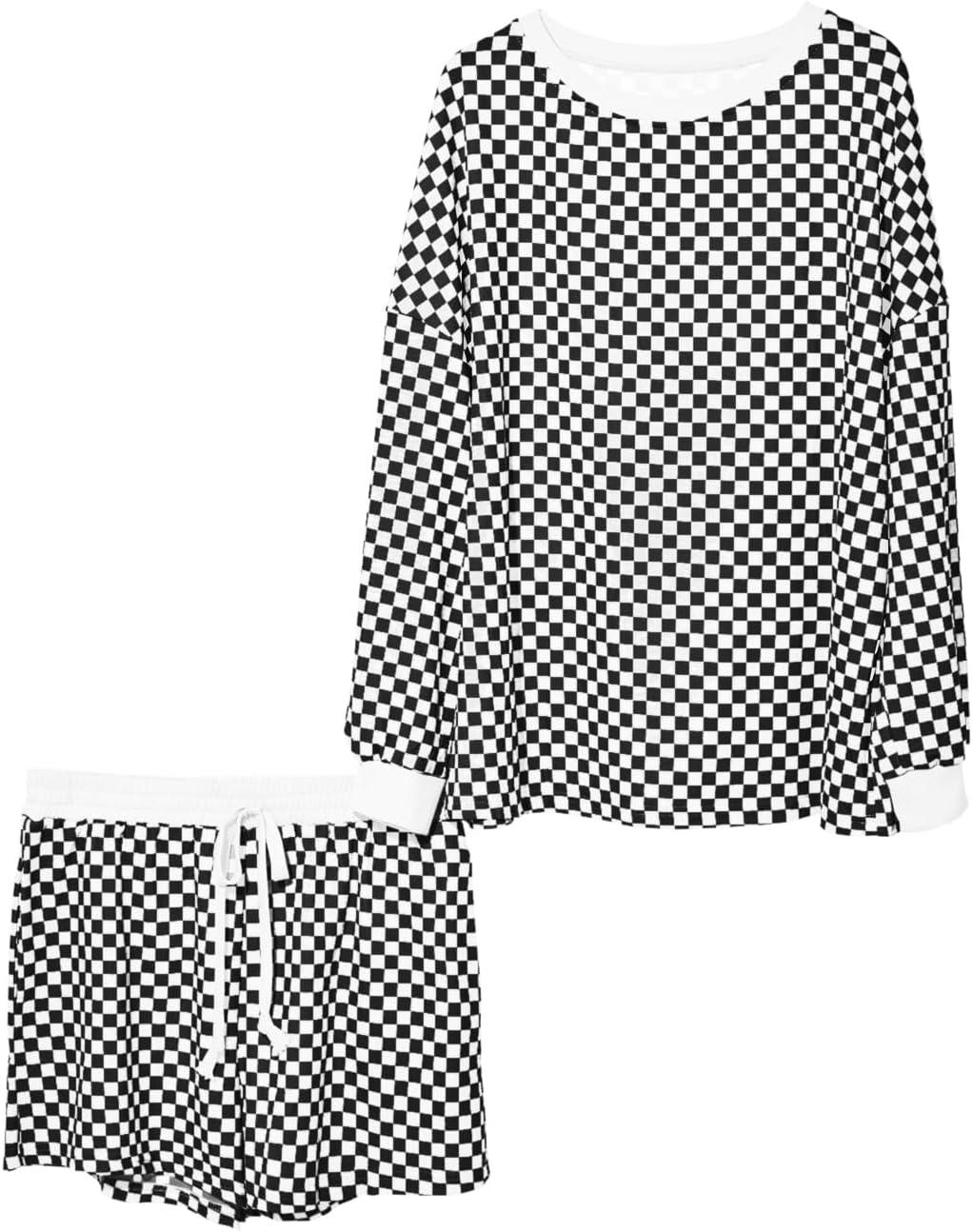 imageTankaneo Womens 2 Piece Outfits Oversized Long Sleeve Checkered Plaid Tops Elastic Waist Shorts 2025 Pajama Sets LoungewearBlack