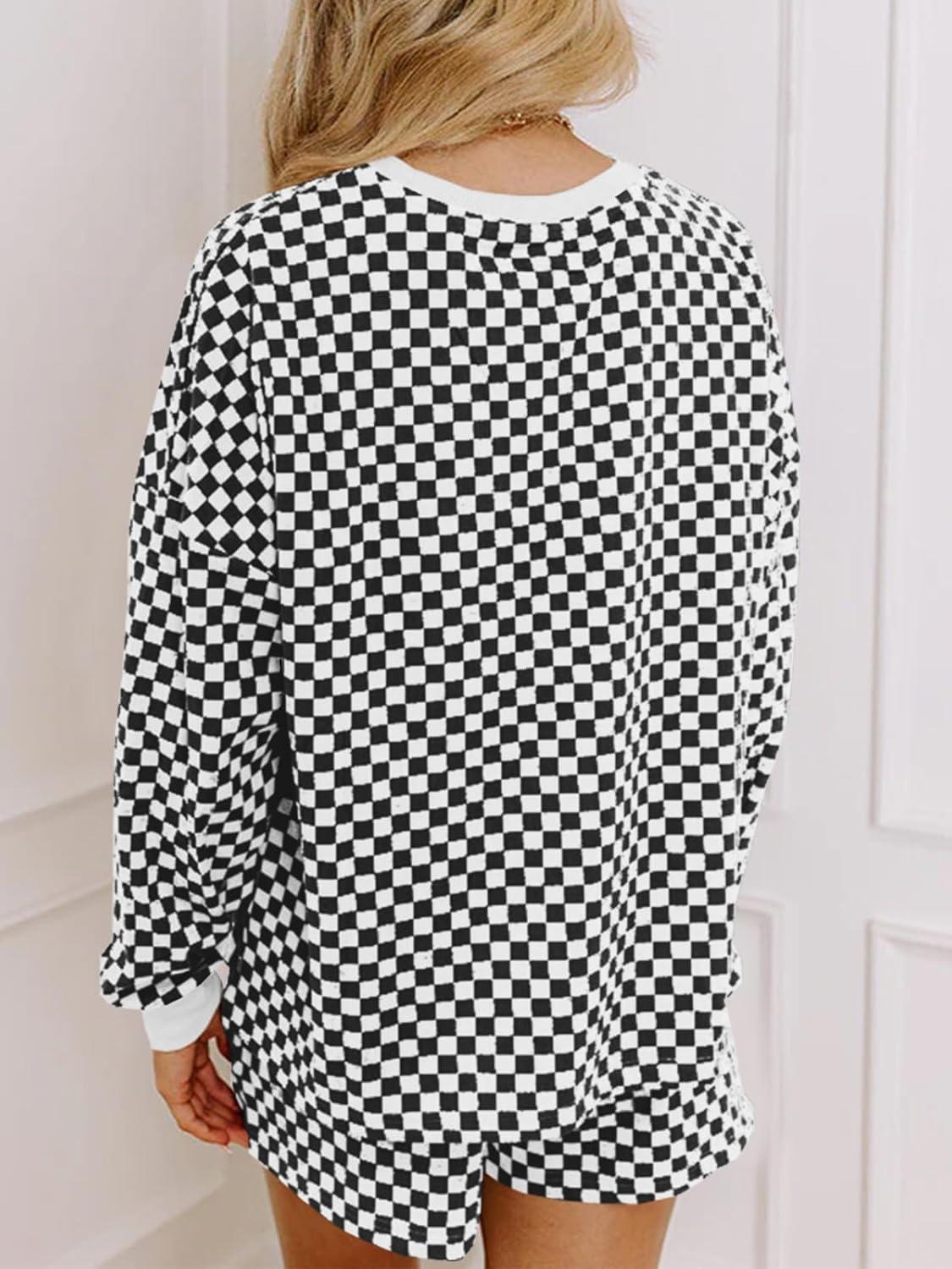 imageTankaneo Womens 2 Piece Outfits Oversized Long Sleeve Checkered Plaid Tops Elastic Waist Shorts 2025 Pajama Sets LoungewearBlack