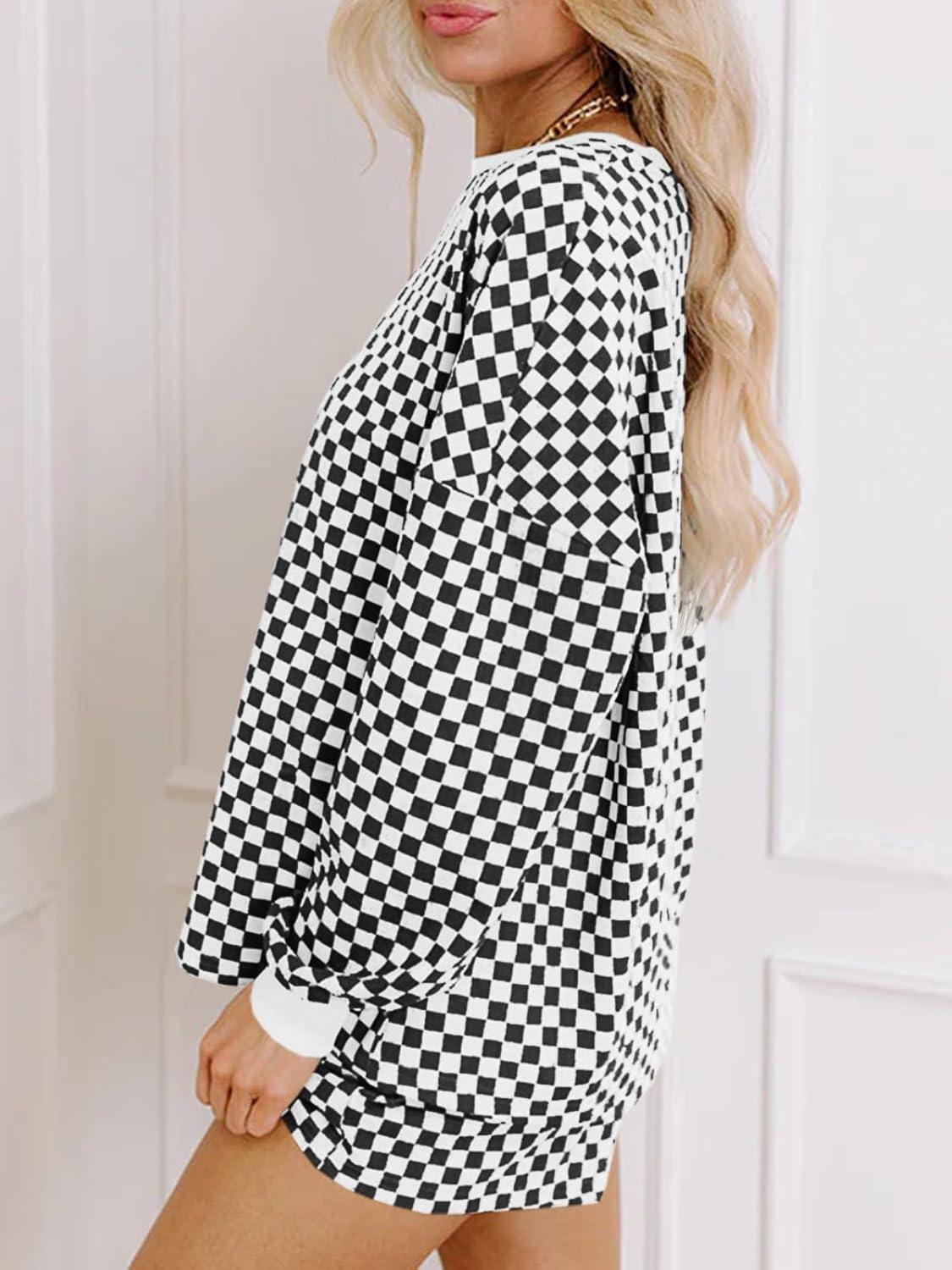 imageTankaneo Womens 2 Piece Outfits Oversized Long Sleeve Checkered Plaid Tops Elastic Waist Shorts 2025 Pajama Sets LoungewearBlack