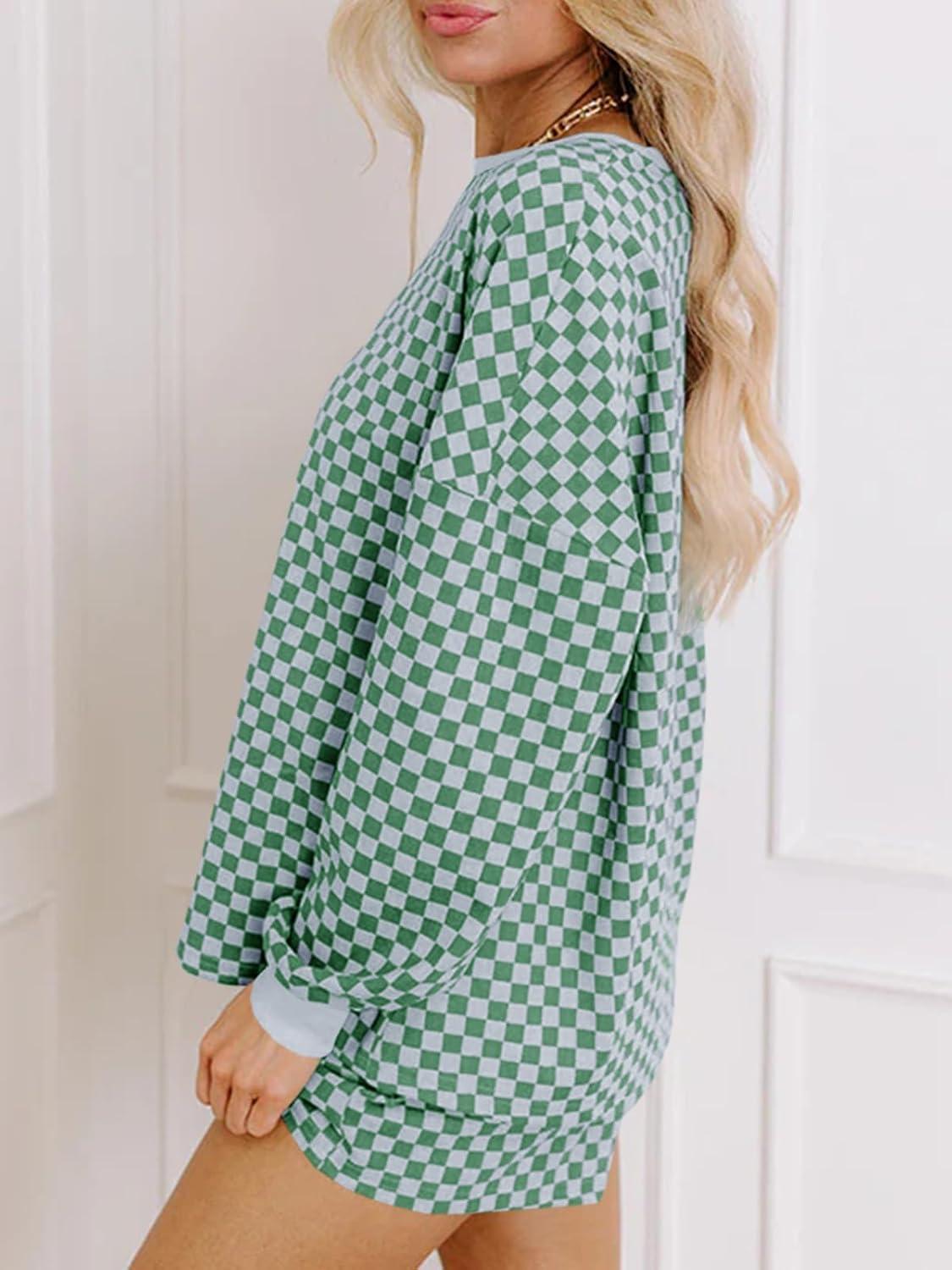 imageTankaneo Womens 2 Piece Outfits Oversized Long Sleeve Checkered Plaid Tops Elastic Waist Shorts 2025 Pajama Sets LoungewearGreen