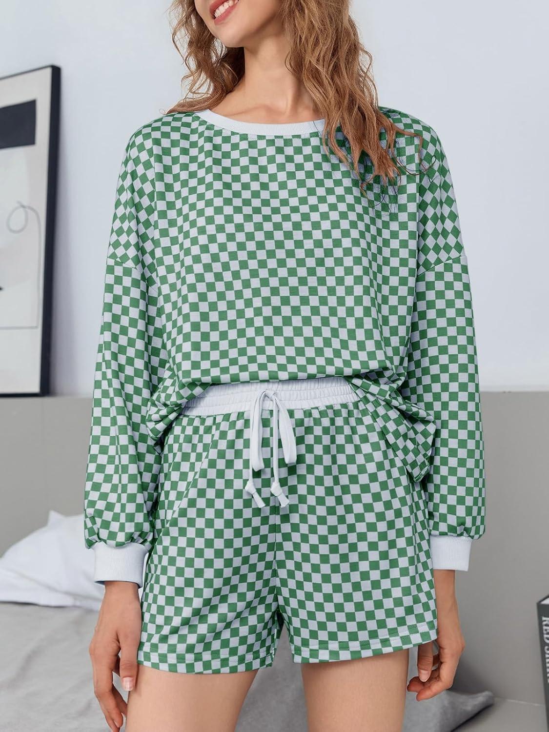 imageTankaneo Womens 2 Piece Outfits Oversized Long Sleeve Checkered Plaid Tops Elastic Waist Shorts 2025 Pajama Sets LoungewearGreen