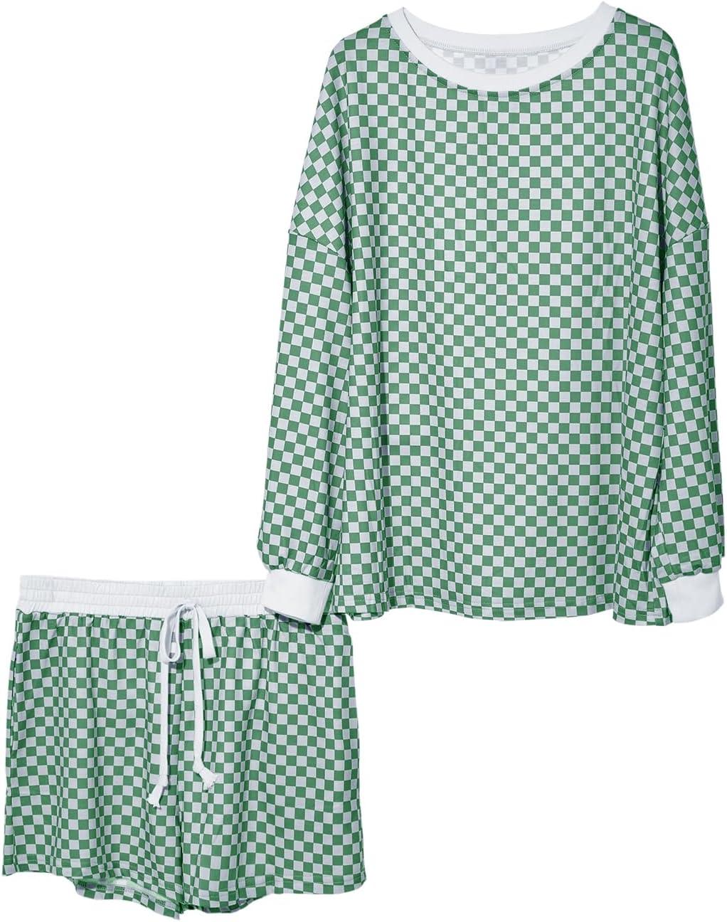 imageTankaneo Womens 2 Piece Outfits Oversized Long Sleeve Checkered Plaid Tops Elastic Waist Shorts 2025 Pajama Sets LoungewearGreen
