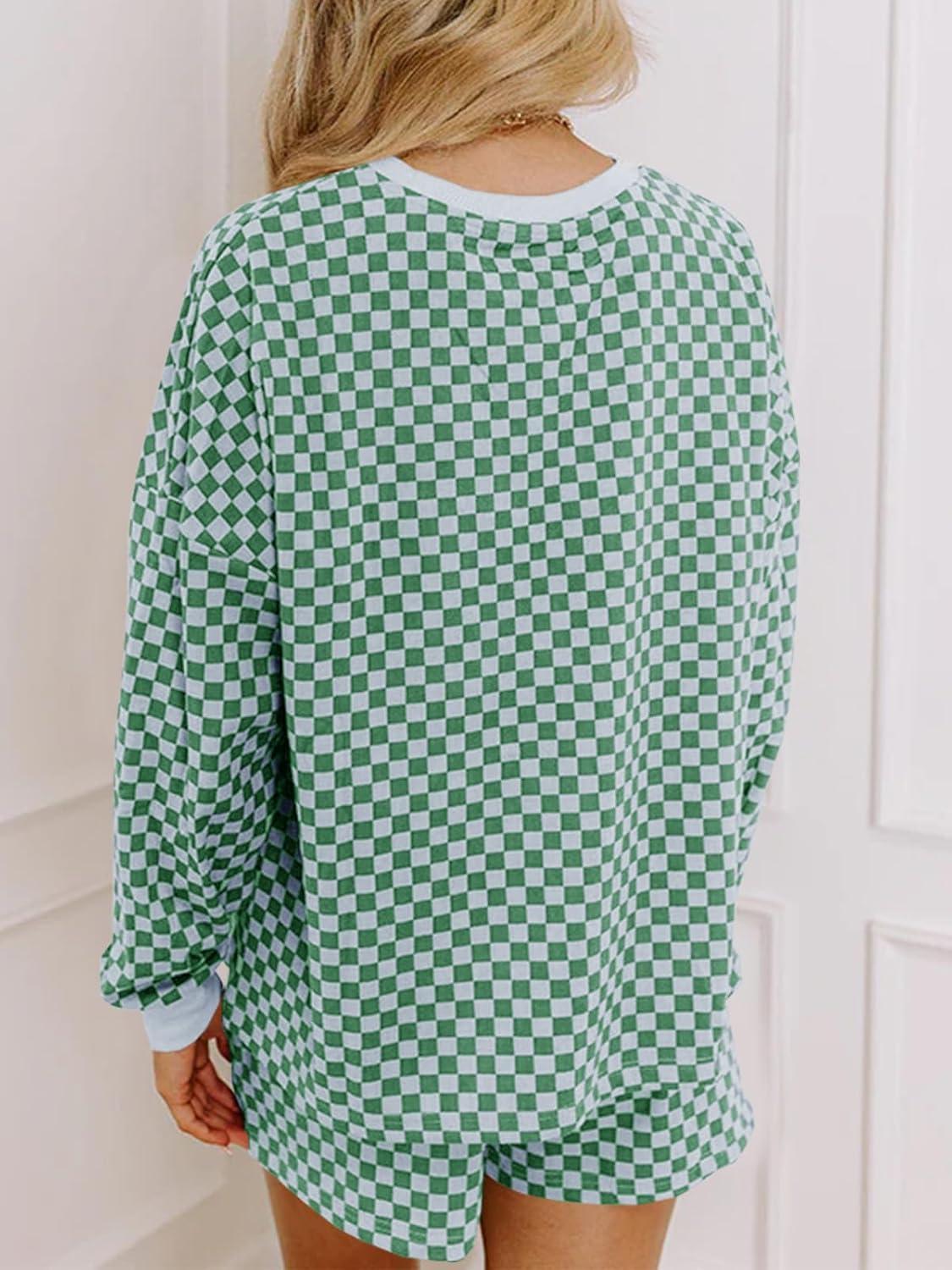 imageTankaneo Womens 2 Piece Outfits Oversized Long Sleeve Checkered Plaid Tops Elastic Waist Shorts 2025 Pajama Sets LoungewearGreen