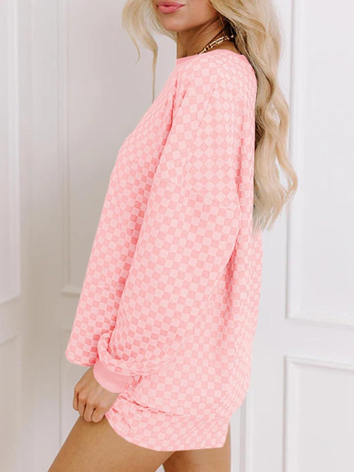 imageTankaneo Womens 2 Piece Outfits Oversized Long Sleeve Checkered Plaid Tops Elastic Waist Shorts 2025 Pajama Sets LoungewearPink