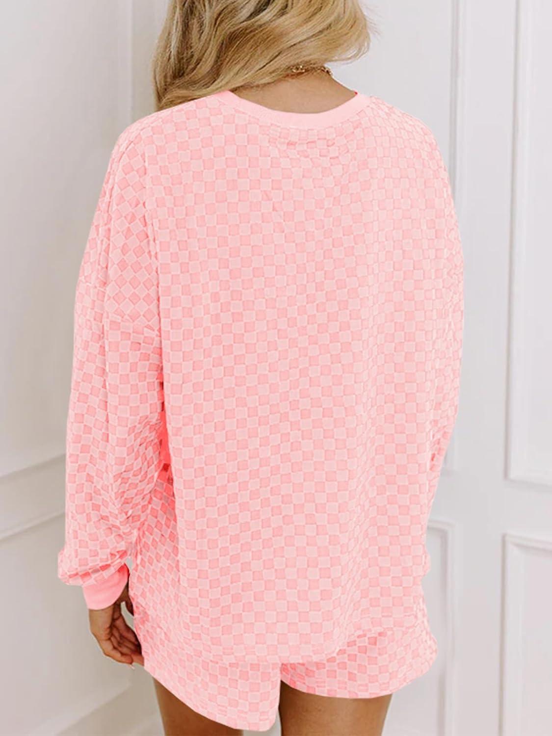 imageTankaneo Womens 2 Piece Outfits Oversized Long Sleeve Checkered Plaid Tops Elastic Waist Shorts 2025 Pajama Sets LoungewearPink