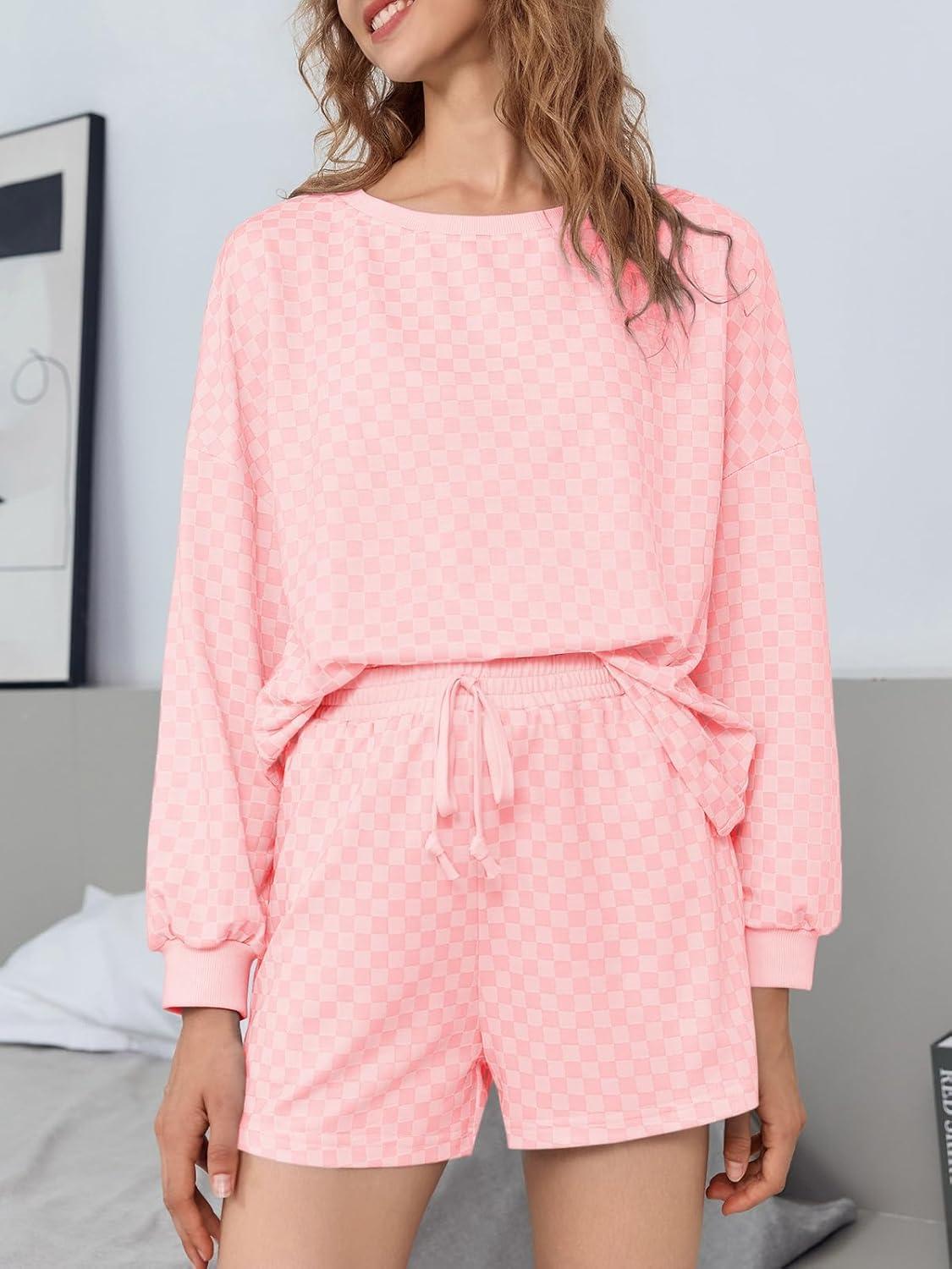 imageTankaneo Womens 2 Piece Outfits Oversized Long Sleeve Checkered Plaid Tops Elastic Waist Shorts 2025 Pajama Sets LoungewearPink