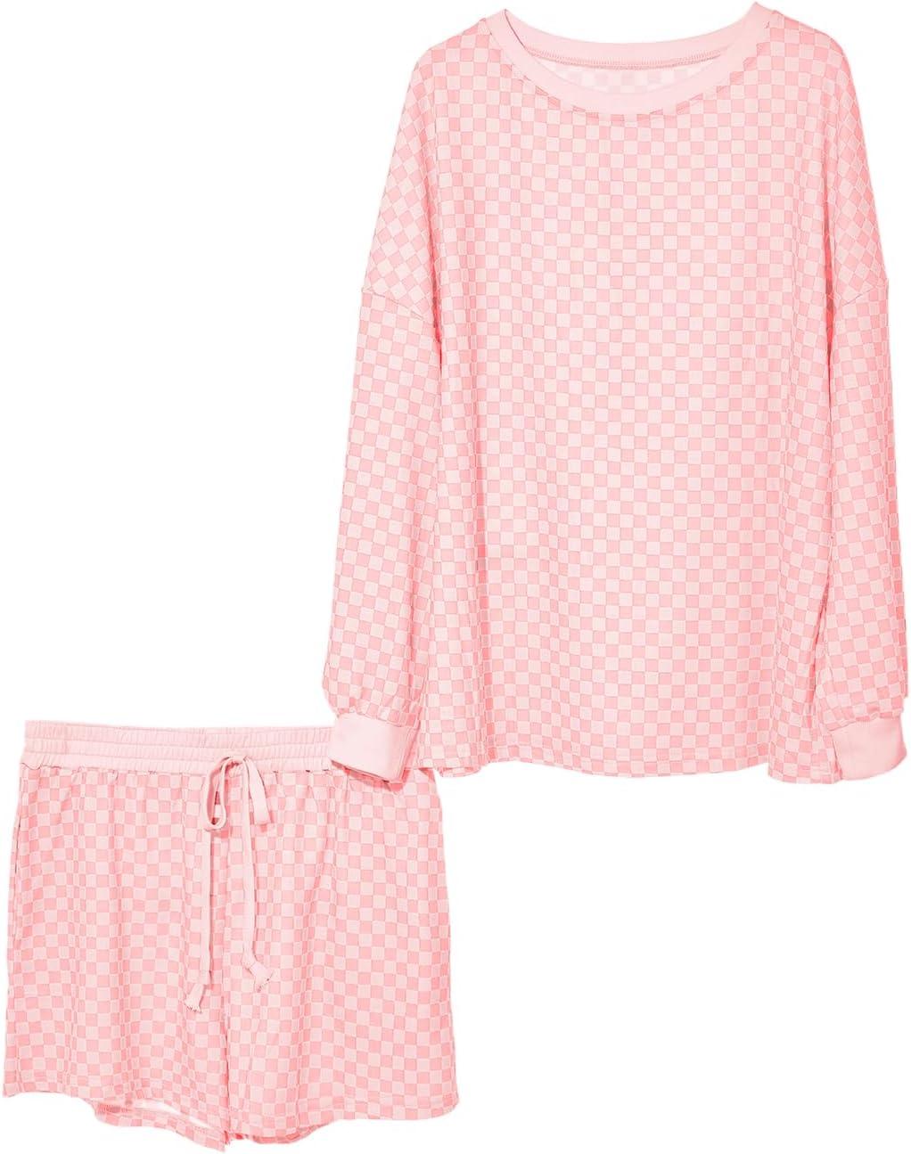 imageTankaneo Womens 2 Piece Outfits Oversized Long Sleeve Checkered Plaid Tops Elastic Waist Shorts 2025 Pajama Sets LoungewearPink