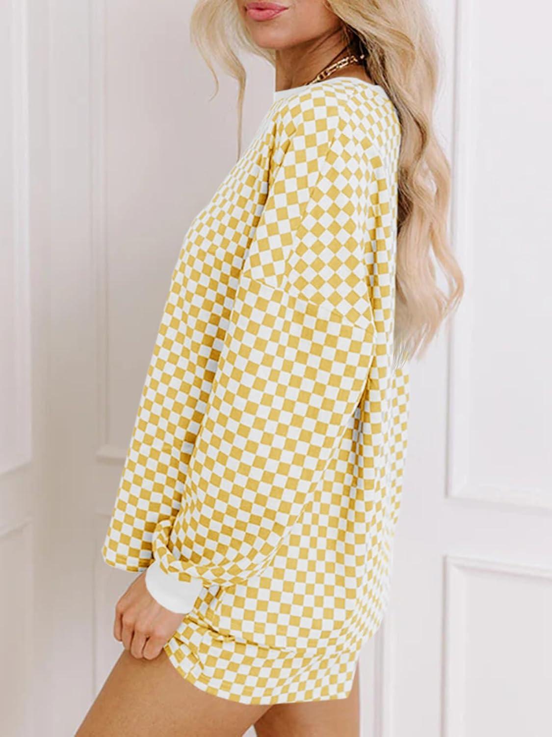 imageTankaneo Womens 2 Piece Outfits Oversized Long Sleeve Checkered Plaid Tops Elastic Waist Shorts 2025 Pajama Sets LoungewearYellow