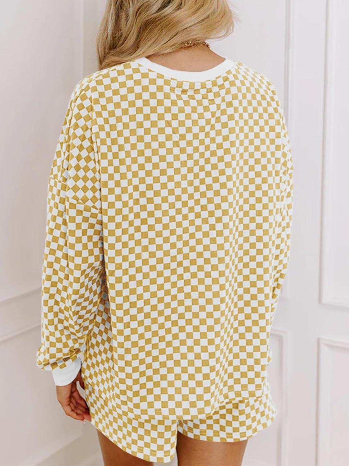imageTankaneo Womens 2 Piece Outfits Oversized Long Sleeve Checkered Plaid Tops Elastic Waist Shorts 2025 Pajama Sets LoungewearYellow
