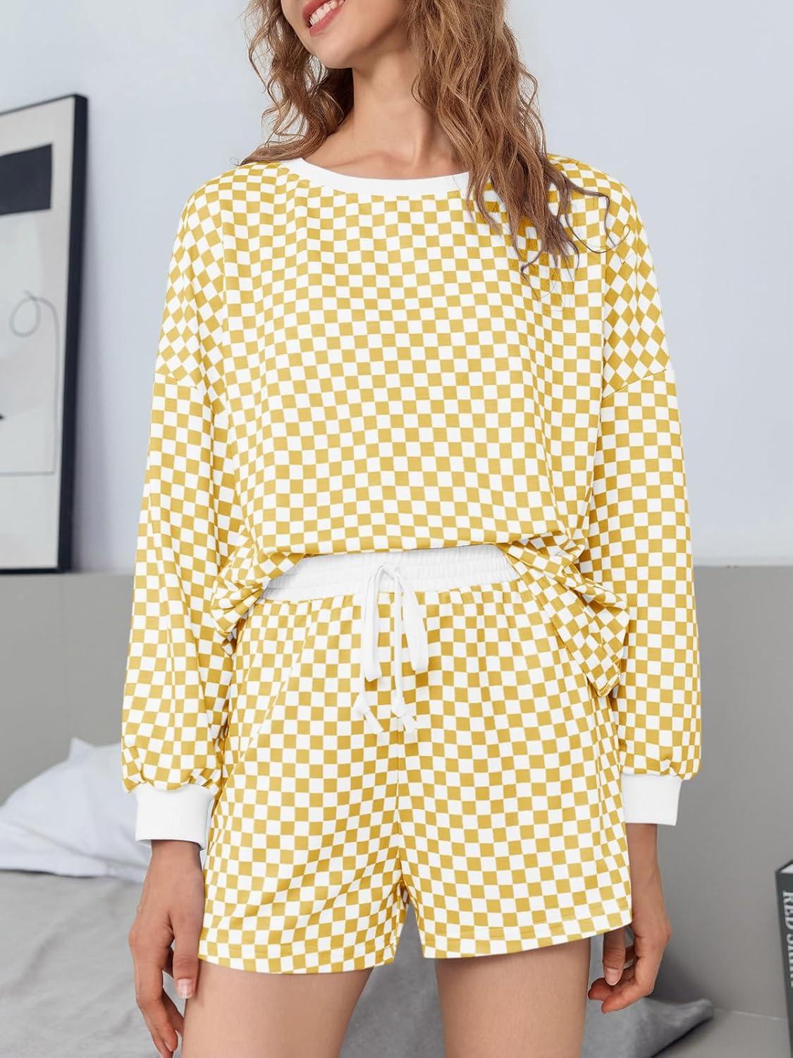 imageTankaneo Womens 2 Piece Outfits Oversized Long Sleeve Checkered Plaid Tops Elastic Waist Shorts 2025 Pajama Sets LoungewearYellow