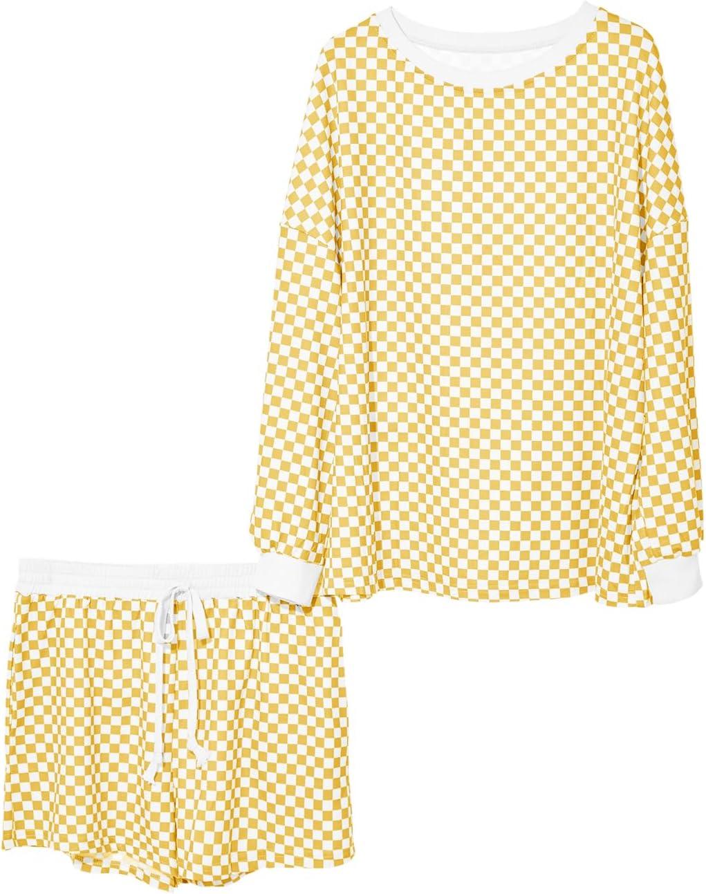 imageTankaneo Womens 2 Piece Outfits Oversized Long Sleeve Checkered Plaid Tops Elastic Waist Shorts 2025 Pajama Sets LoungewearYellow