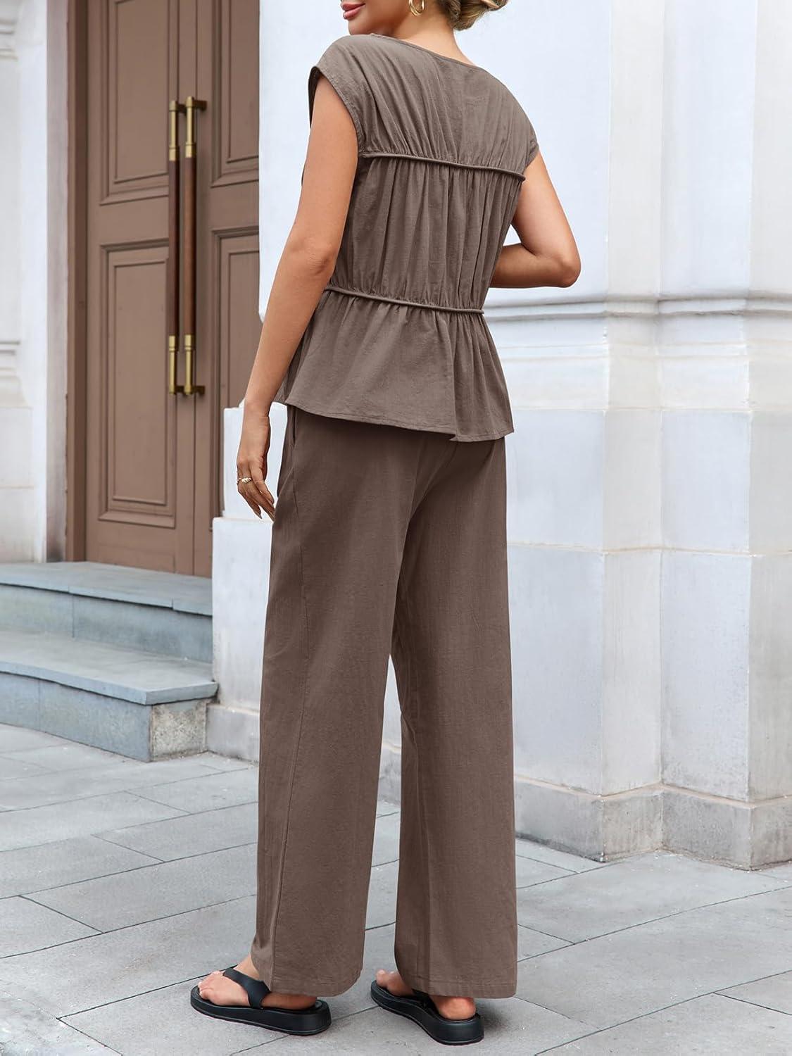 imageTankaneo Womens 2 Piece Outfits Pleated Cap Sleeve Babydoll Blouse Wide Leg Pants Cotton Travel Vacation SetsBrown