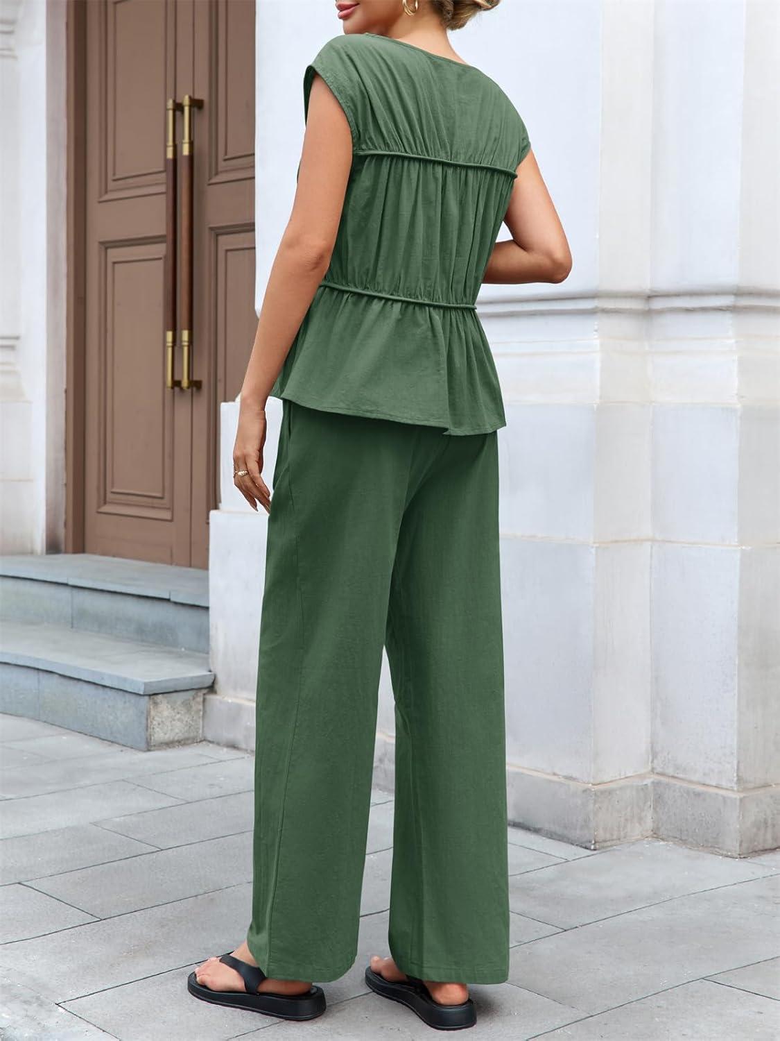 imageTankaneo Womens 2 Piece Outfits Pleated Cap Sleeve Babydoll Blouse Wide Leg Pants Cotton Travel Vacation SetsDeep Green