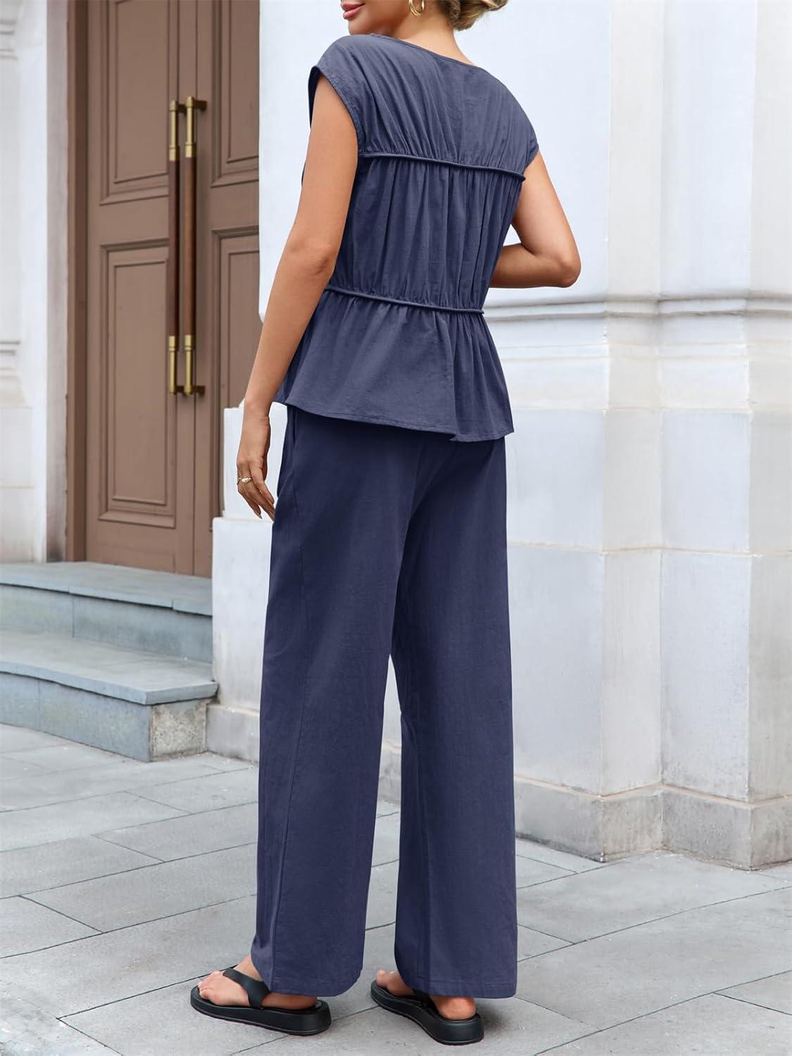 imageTankaneo Womens 2 Piece Outfits Pleated Cap Sleeve Babydoll Blouse Wide Leg Pants Cotton Travel Vacation SetsNavy Blue