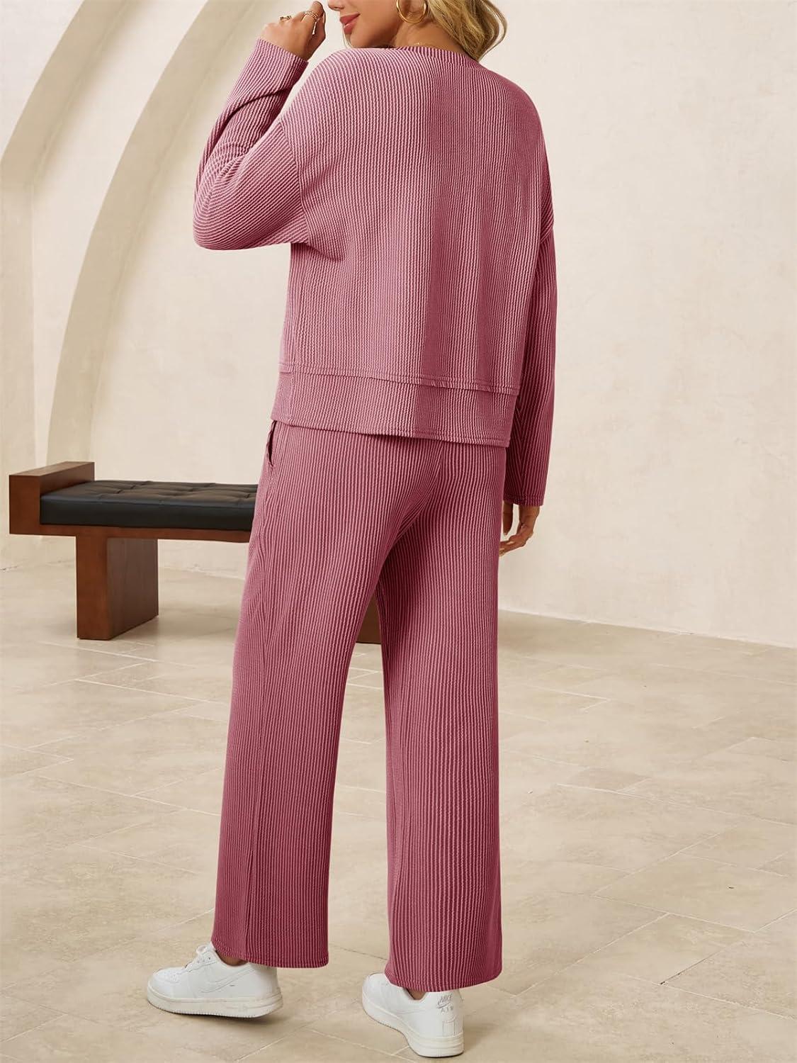 imageTankaneo Womens 2 Piece Outfits Ribbed Pajama Sets V Neck Long Sleeve Loose Fit Tops Wide Leg Pants Sleepwear PJ SetBurgundy