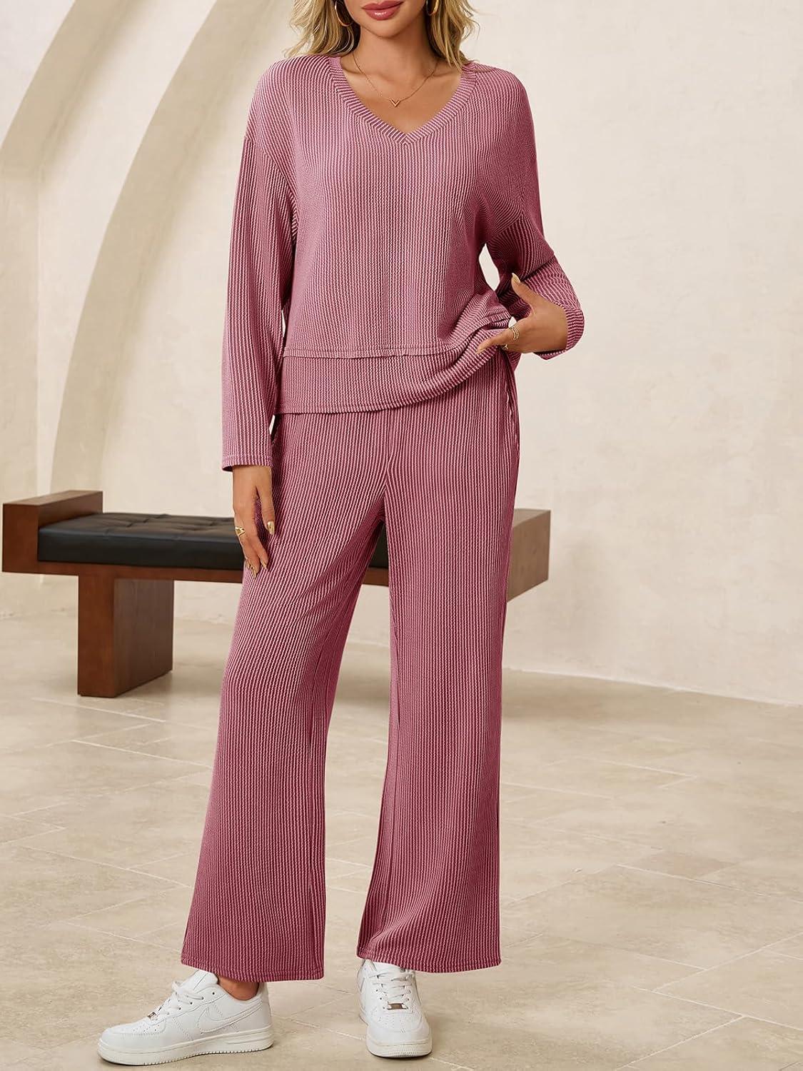 imageTankaneo Womens 2 Piece Outfits Ribbed Pajama Sets V Neck Long Sleeve Loose Fit Tops Wide Leg Pants Sleepwear PJ SetBurgundy